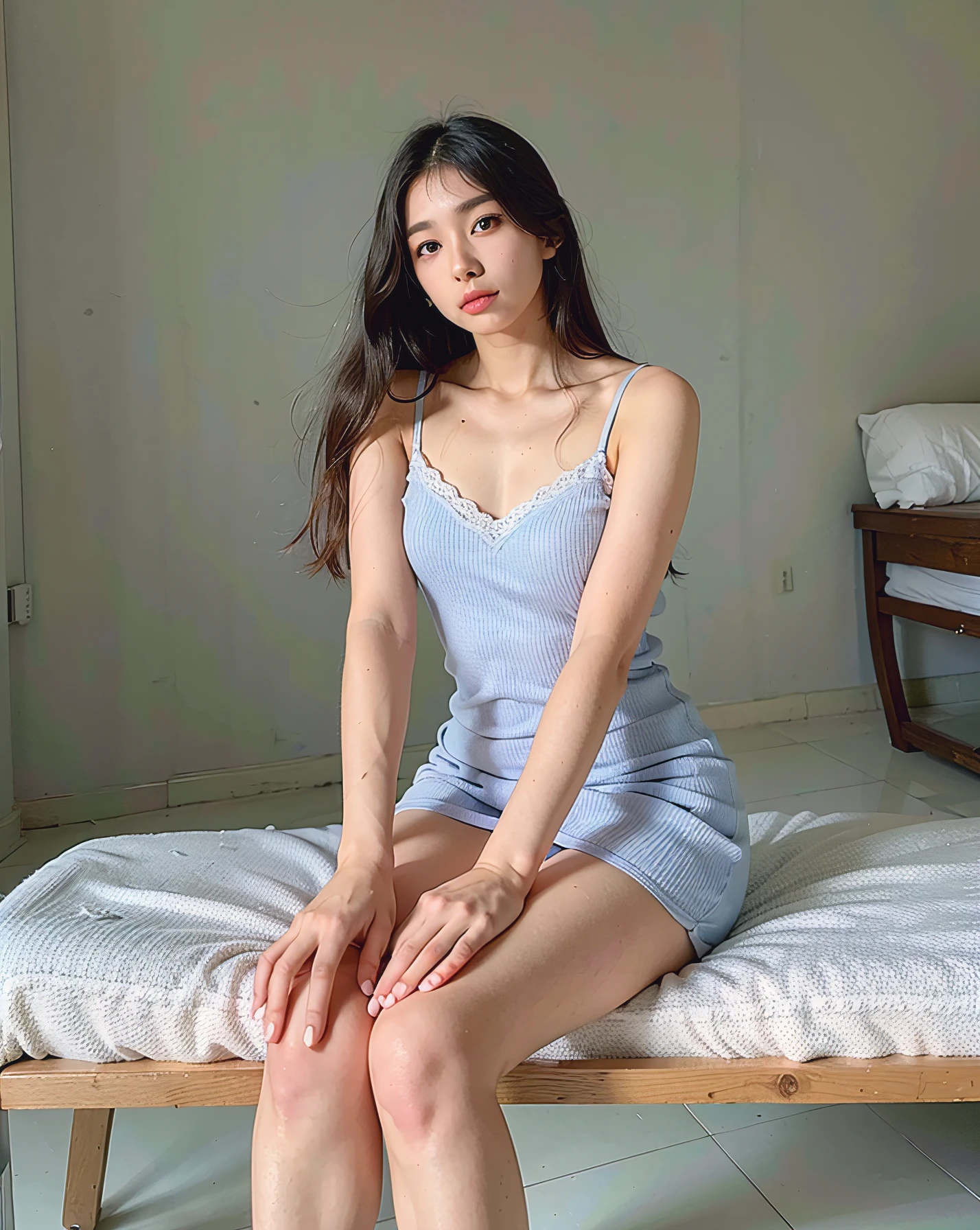 Hay una mujer sentada en un banco con un vestido azul, Sentado en una cama, vestido azul hielo, Sentado en la cama, posando en un dormitorio, cielo - vestido azul, Violeta Myers, 18 years old, Cindy Avelino, en vestido azul, with backdrop of natural light, Hermosa joven coreana, sentada en su cama, en un vestido