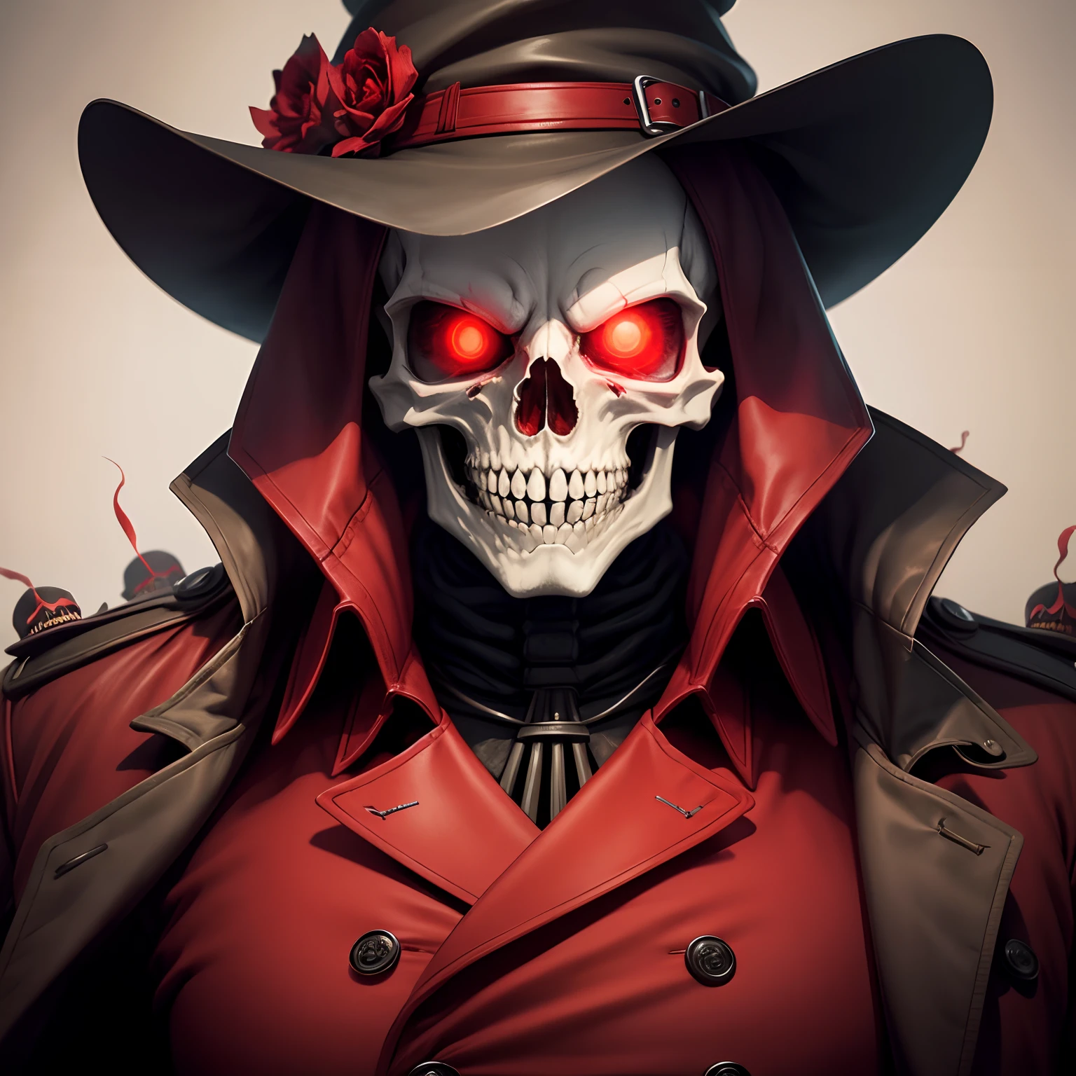 skeleton, red Trenchcoat, red general hat, red eyes, terrifying mouth