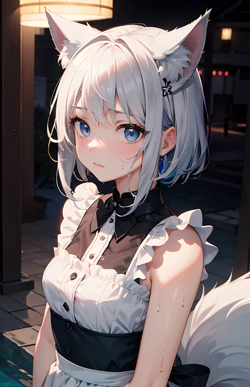 masterpiece,Top image quality,hight resolution,imagem 4k,Raw photo,Photorealsitic,{Solo},teens girl,Embarrassment,Silverberry Shorthair,stare at each other,Wet,Blue eyes,小柄,Silver fox ears,Fox tail,Welcome,boyish,Japanese style maid