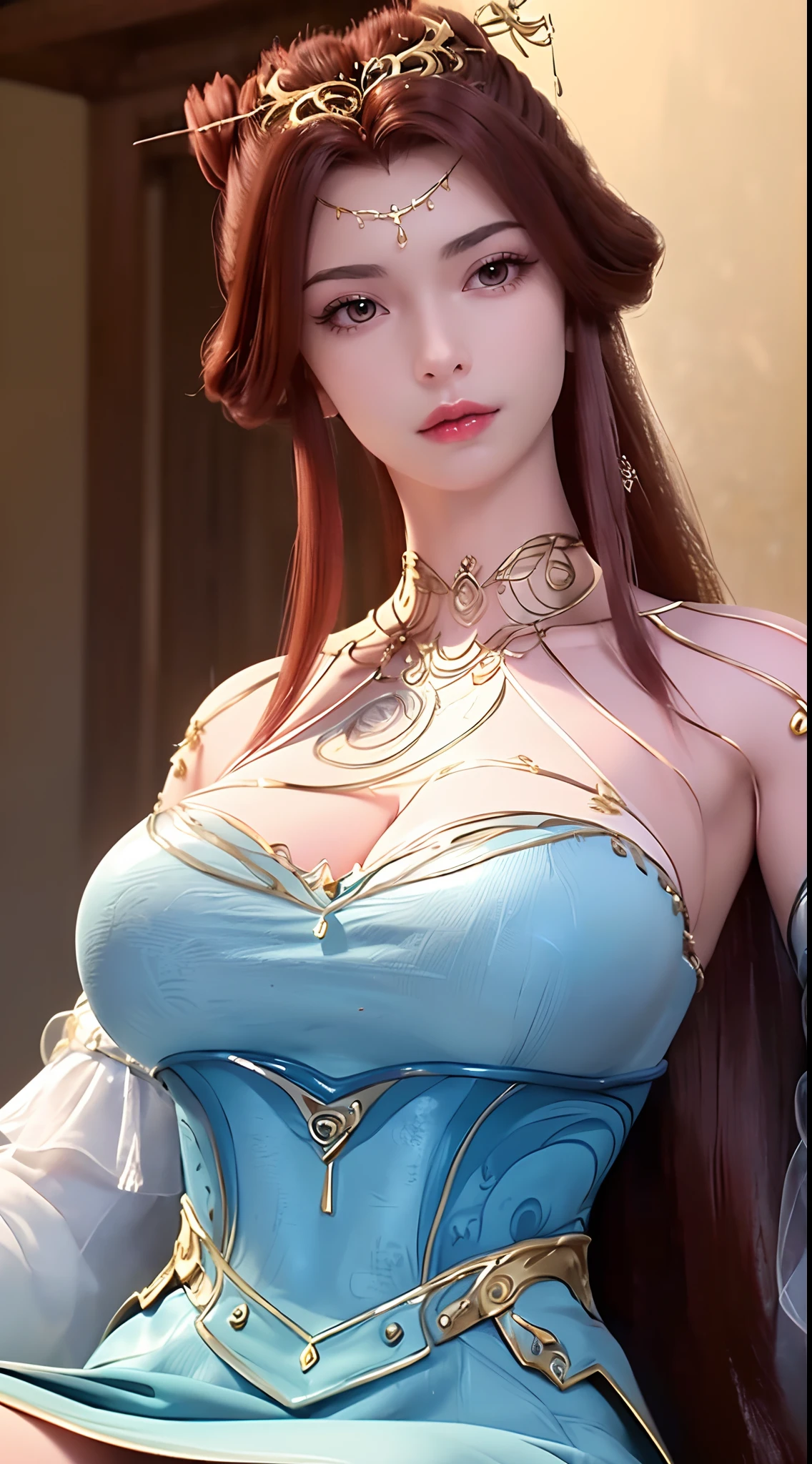 1 beautiful and sexy 20 year old girl, ((wear Blue antique nightgown is super invisible and sexy:1.6)), not wearing pants, sexy hanfu style, waist-length brown hair, jewelry elaborately made from precious stones and beautiful hair, ((wearing a 24k gold lace necklace:1.4)), the noble, noble style of an extremely beautiful girl, her small face is super cute, her face is very pretty, thin eyebrows, flawless beautiful face, ((black eye pupils: 0.8)), very beautiful eyes, ((brown eyes: 1.6)), (((big round eyes:1.6))), nice makeup and hair detailed eyelashes, steamy eye makeup, high nose, earrings, red lips, ((closed mouth: 1.5)) beautiful lips, slim hands, most beautiful thighs, ((arms spread out to the sides: 1.5)), rosy face, clean face, flawless beautiful face, smooth white skin, (big breasts: 1.5)), tight breasts, beautiful cleavage, (((big breasts and super round: 1.8))), beautiful breasts, perfect body, back arms, chest out, ((sitting position, leaning back with hands behind and chest raised high: 1.8)), ((Open your legs:1.5)), not ashamed, 8k photo, super high quality, super realistic, super 10x pixels, optical, bright studio, bright edges, dual-tone lighting, (high-detail skin:1.2), super 8k, soft lighting, high quality, volumetric lighting, photorealistic, photorealistic high resolution, lighting, best photo, 4k, 8k quality, smooth sharp, 10x pixel, ((Romantic bedroom and white bed background:1.5)), aurora, lightning, super graphics realistic, most realistic graphics, 1 girl, alone, solo, Extremely sharp image, surreal, (((upper body: 1.5)))."