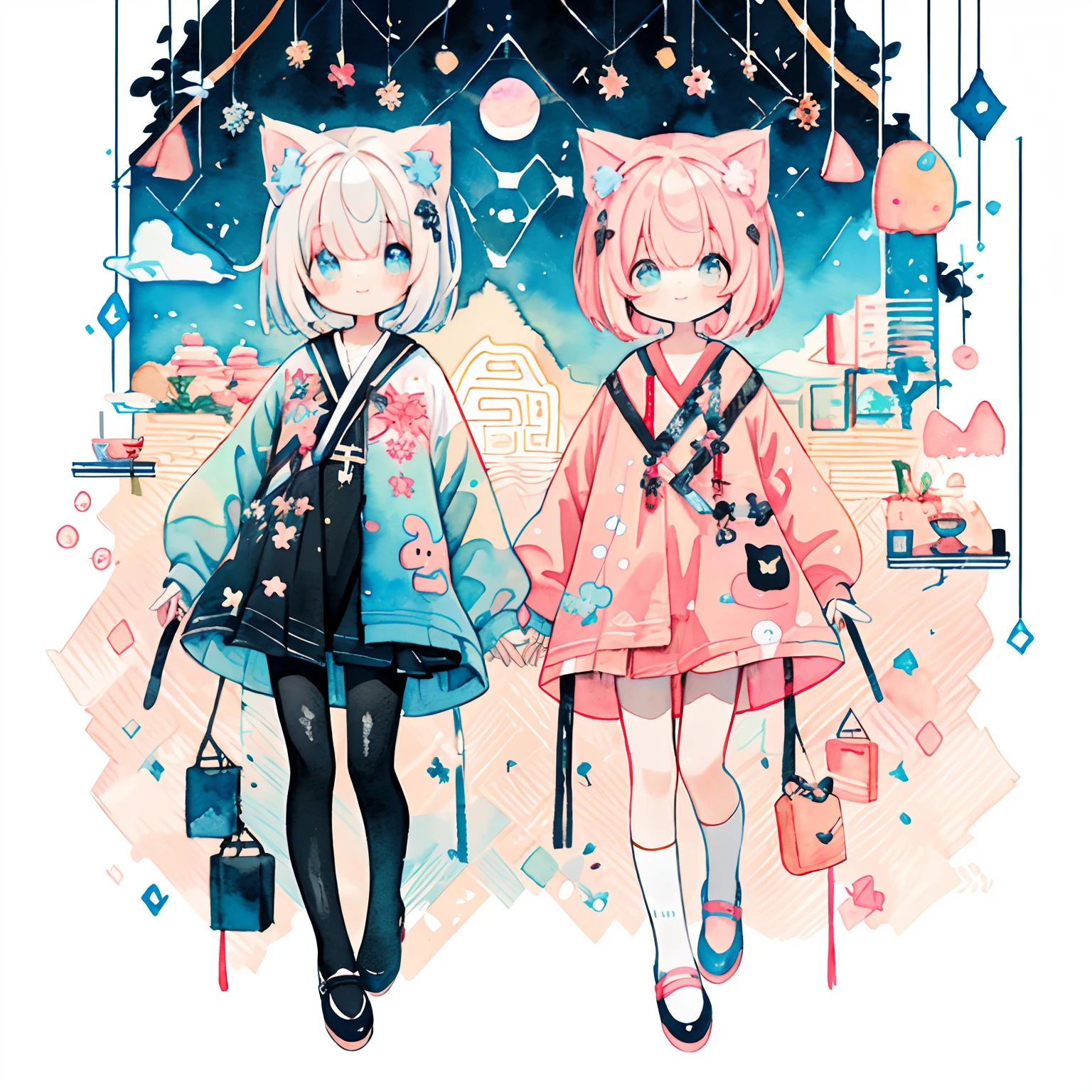 (PastelColors:1.5)、(Cute illustration:1.5)、(watercolor paiting:1.2)、1 Youth Full Body Subian、facing front、Calico cat motif、Cat-eared girl、Beautiful fece、Cute clothes、Fashionable design clothes、Fashionable jumpers、Chinese、White and orange and black motifs、short-hair、Fantasia、Clear、Happiness、kirakira、smil、The best smile、Cat tail