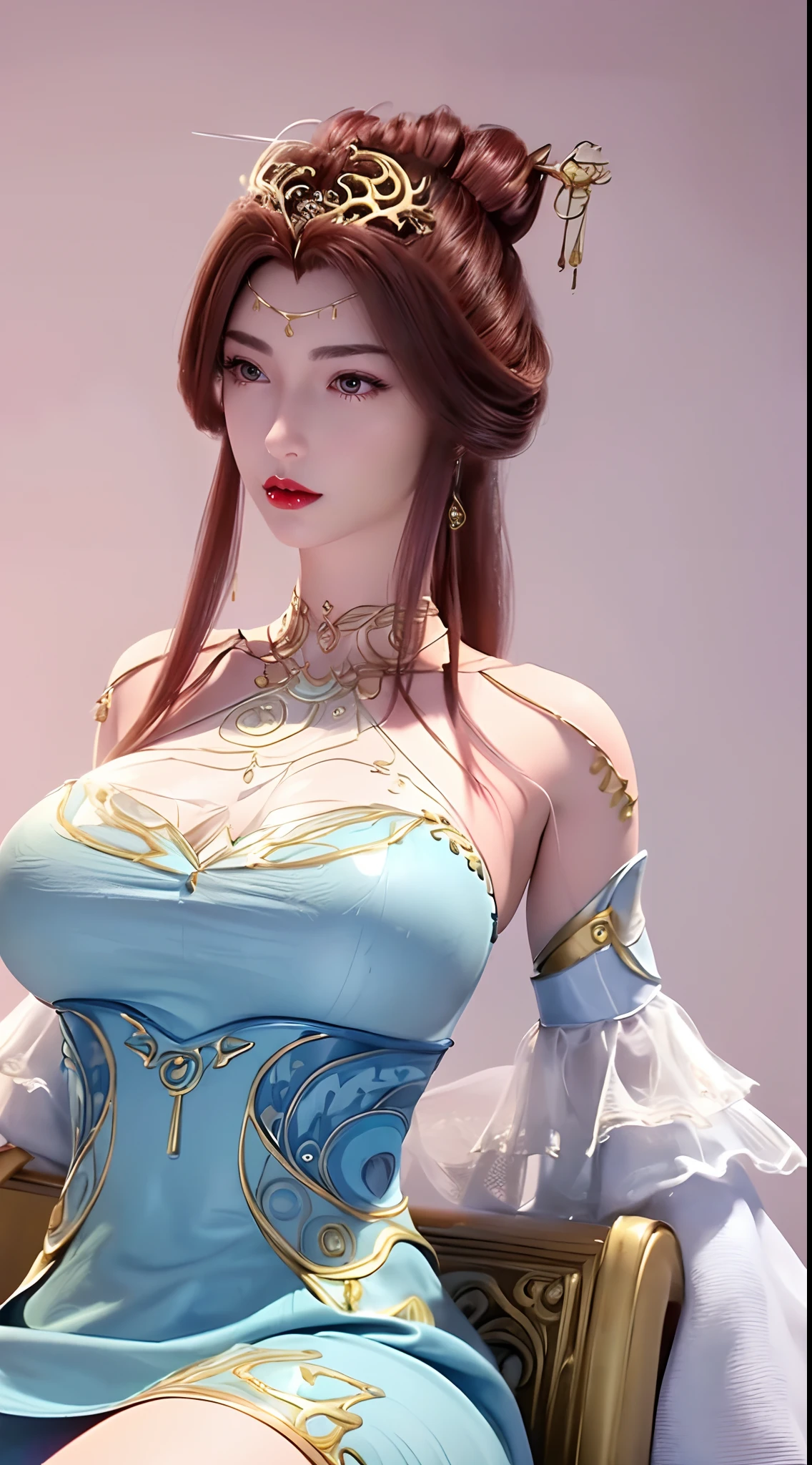 1 beautiful and sexy 20 year old girl, ((wear Blue antique nightgown is super invisible and sexy:1.6)), not wearing pants, sexy hanfu style, waist-length brown hair, jewelry elaborately made from precious stones and beautiful hair, ((wearing a 24k gold lace necklace:1.4)), the noble, noble style of an extremely beautiful girl, her small face is super cute, her face is very pretty, thin eyebrows, flawless beautiful face, ((black eye pupils: 0.8)), very beautiful eyes, ((brown eyes: 1.6)), (((big round eyes:1.6))), nice makeup and hair detailed eyelashes, steamy eye makeup, high nose, earrings, red lips, ((closed mouth: 1.5)) beautiful lips, slim hands, most beautiful thighs, ((arms spread out to the sides: 1.5)), rosy face, clean face, flawless beautiful face, smooth white skin, (big breasts: 1.5)), tight breasts, beautiful cleavage, (((big breasts and super round: 1.8))), beautiful breasts, perfect body, back arms, chest out, ((sitting position, leaning back with hands behind and chest raised high: 1.8)), ((Open your legs:1.5)), not ashamed, 8k photo, super high quality, super realistic, super 10x pixels, optical, bright studio, bright edges, dual-tone lighting, (high-detail skin:1.2), super 8k, soft lighting, high quality, volumetric lighting, photorealistic, photorealistic high resolution, lighting, best photo, 4k, 8k quality, smooth sharp, 10x pixel, ((Romantic bedroom and white bed background:1.5)), aurora, lightning, super graphics realistic, most realistic graphics, 1 girl, alone, solo, Extremely sharp image, surreal, (((upper body: 1.5)))."