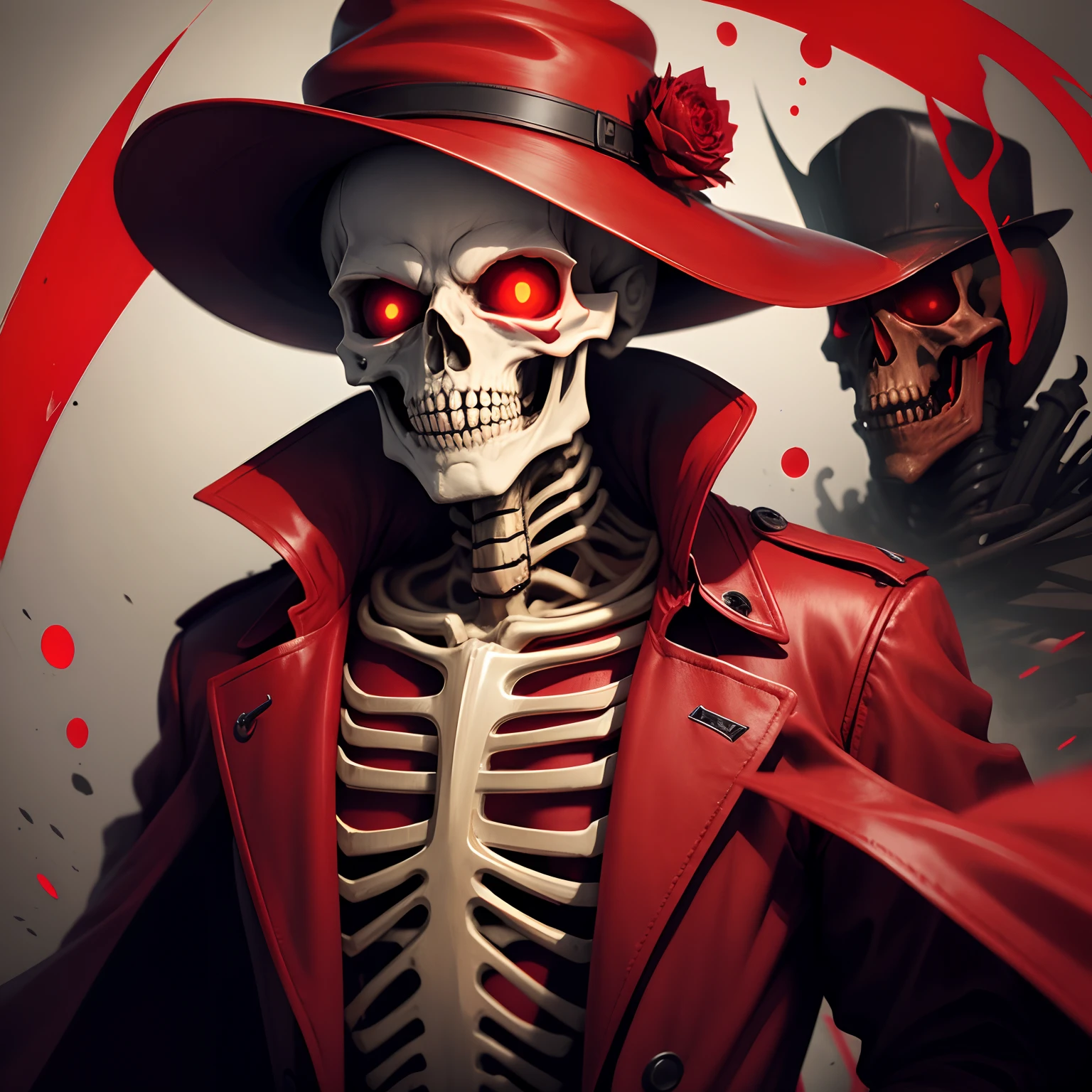 skeleton, red Trenchcoat, red general hat, red eyes, terrifying mouth