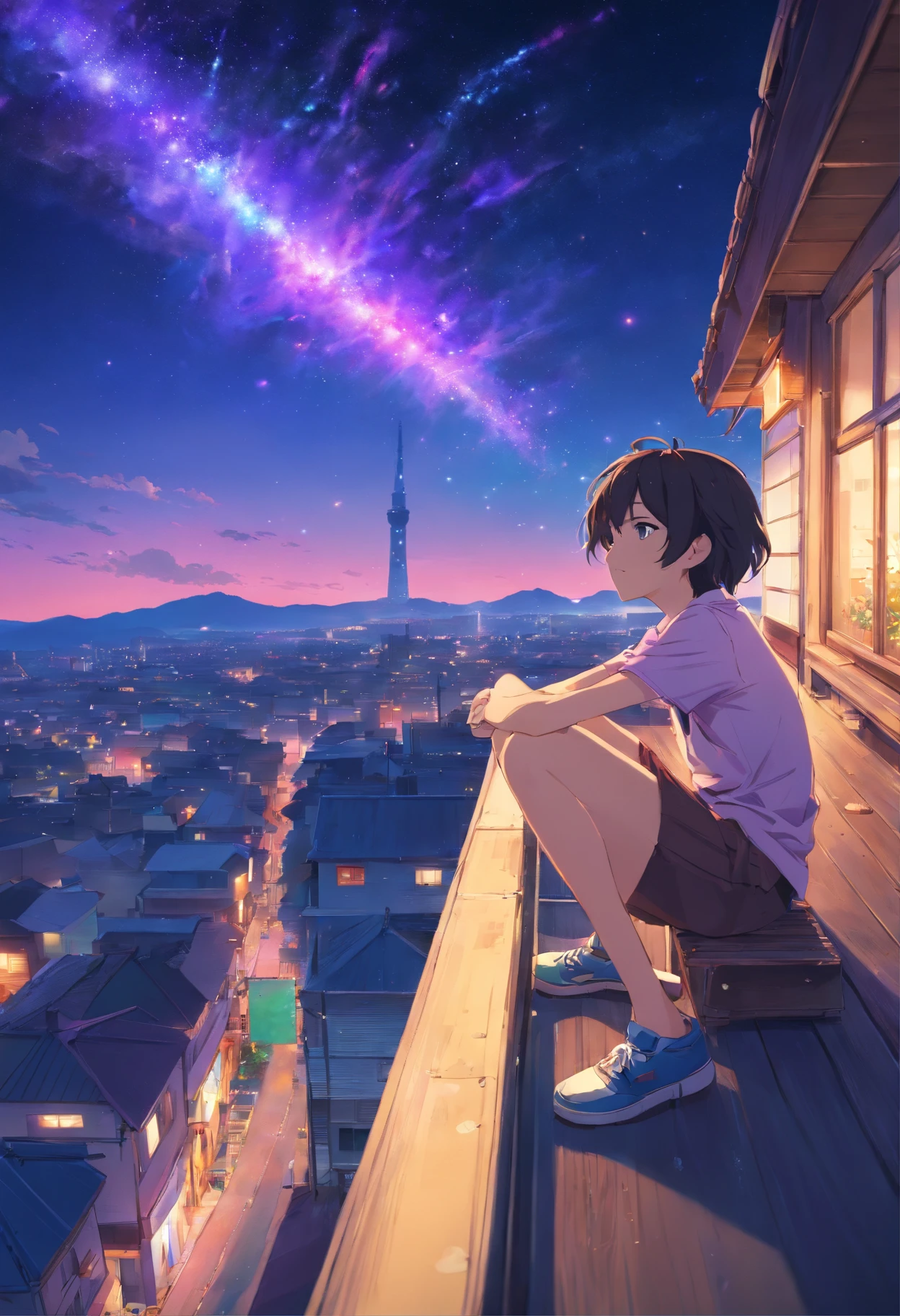 Genrate a masterpiece imagine City landscape below, above dark night sky, [purple, green, blue, pink combined coloured comite falling.] Falling stars, milky way galaxy, a 17 year old boy, black hair, blue shiny eyes, white skin, sitting on his house roof observing this night sky with his telescope from below