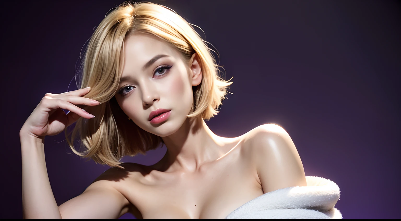 ((flaxen hair)), ((violet eyes)), short hair, 20 year old, revealing chest, tube dress, white dress, half body portrait, beauty, 1, slender, extremely beautiful face, exquisite face, seductive look