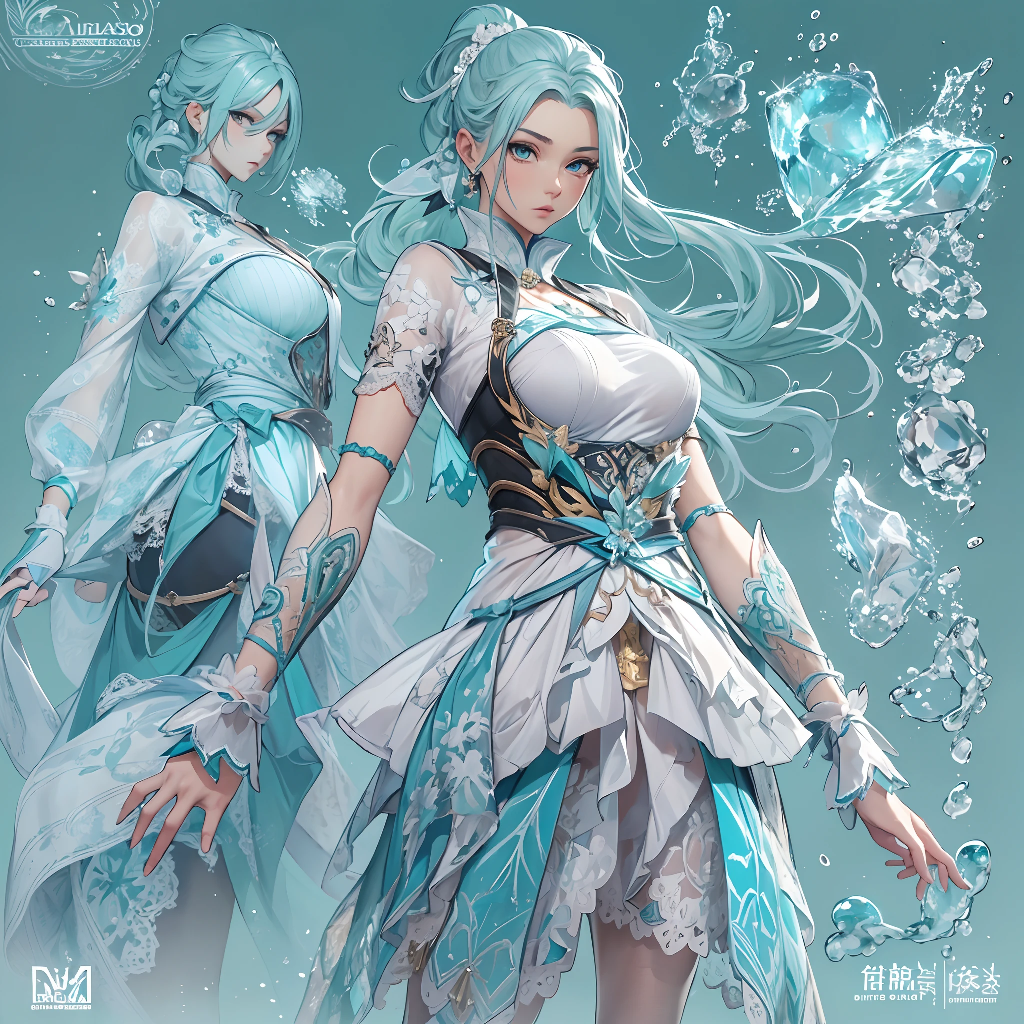 ((Masterpiece, Highest quality)), Detailed face, CharacterDesignSheet， full bodyesbian, Full of details, Multiple poses and expressions, Highly detailed, Depth, Many parts，Martial arts girl，White and blue-cyan，holds a spear，double-ponytail，estilo fantasia，Surrounded by waterlines，Ice and snow，Extremely beautiful，High Balance, Natural light, Lace，lacepantyhose，water ripple，The water is rippling