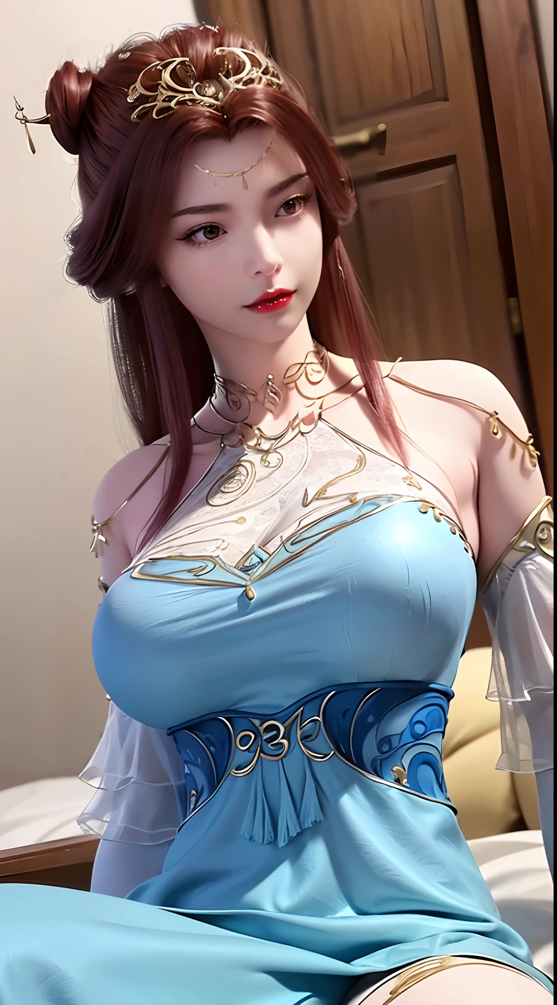 1 beautiful and sexy 20 year old girl, ((wear Blue antique nightgown is super invisible and sexy:1.6)), not wearing pants, sexy hanfu style, waist-length brown hair, jewelry elaborately made from precious stones and beautiful hair, ((wearing a 24k gold lace necklace:1.4)), the noble, noble style of an extremely beautiful girl, her small face is super cute, her face is very pretty, thin eyebrows, flawless beautiful face, ((black eye pupils: 0.8)), very beautiful eyes, ((brown eyes: 1.6)), (((big round eyes:1.6))), nice makeup and hair detailed eyelashes, steamy eye makeup, high nose, earrings, red lips, ((closed mouth: 1.5)) beautiful lips, slim hands, most beautiful thighs, ((arms spread out to the sides: 1.5)), rosy face, clean face, flawless beautiful face, smooth white skin, (big breasts: 1.5)), tight breasts, beautiful cleavage, (((big breasts and super round: 1.8))), beautiful breasts, perfect body, back arms, chest out, ((sitting position, leaning back with hands behind and chest raised high: 1.8)), ((Open your legs:1.5)), not ashamed, 8k photo, super high quality, super realistic, super 10x pixels, optical, bright studio, bright edges, dual-tone lighting, (high-detail skin:1.2), super 8k, soft lighting, high quality, volumetric lighting, photorealistic, photorealistic high resolution, lighting, best photo, 4k, 8k quality, smooth sharp, 10x pixel, ((Romantic bedroom and white bed background:1.5)), aurora, lightning, super graphics realistic, most realistic graphics, 1 girl, alone, solo, Extremely sharp image, surreal, (((upper body: 1.5)))."