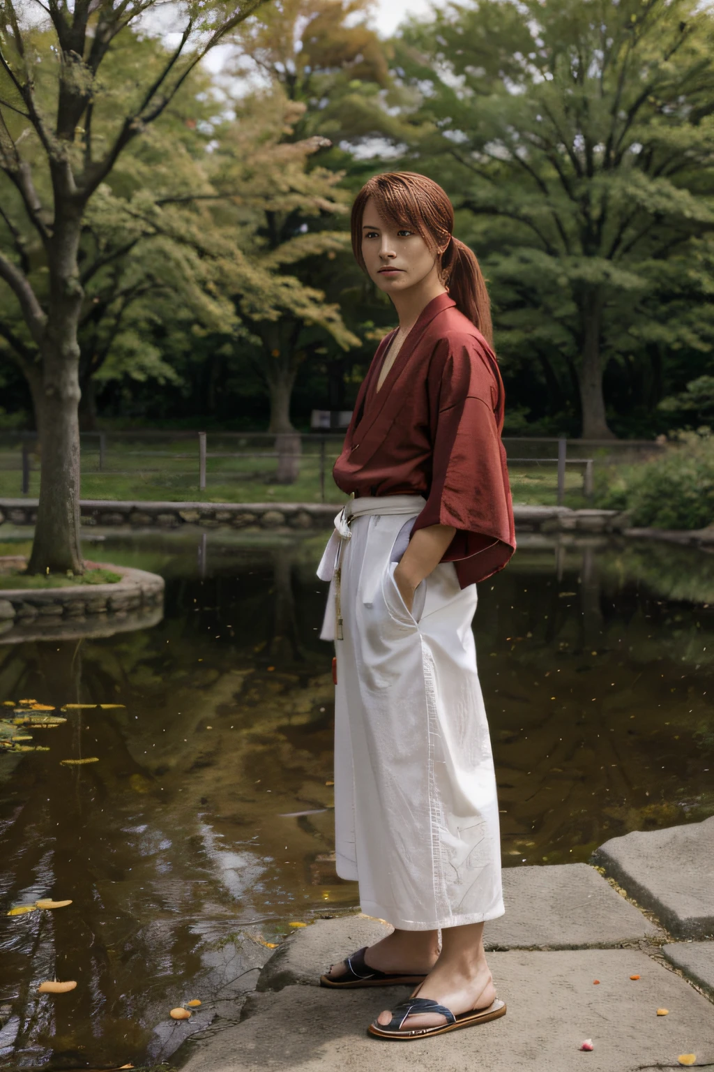 kenshin rk, solo, long hair, 1boy, ponytail, red kimono, japanese clothes, petals, scar, sandals, hakama, hakama skirt, park, nature, tree, pond