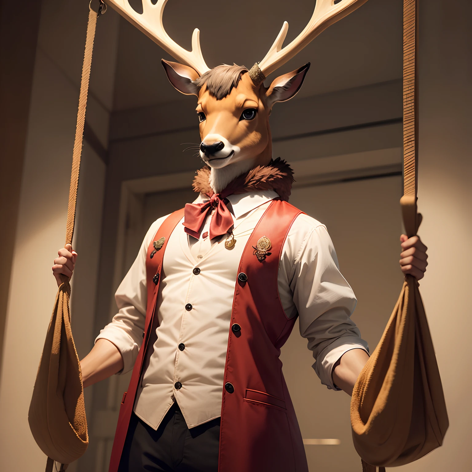 Anthropomorphic deer, hanging from meathook. Bloody. Furry