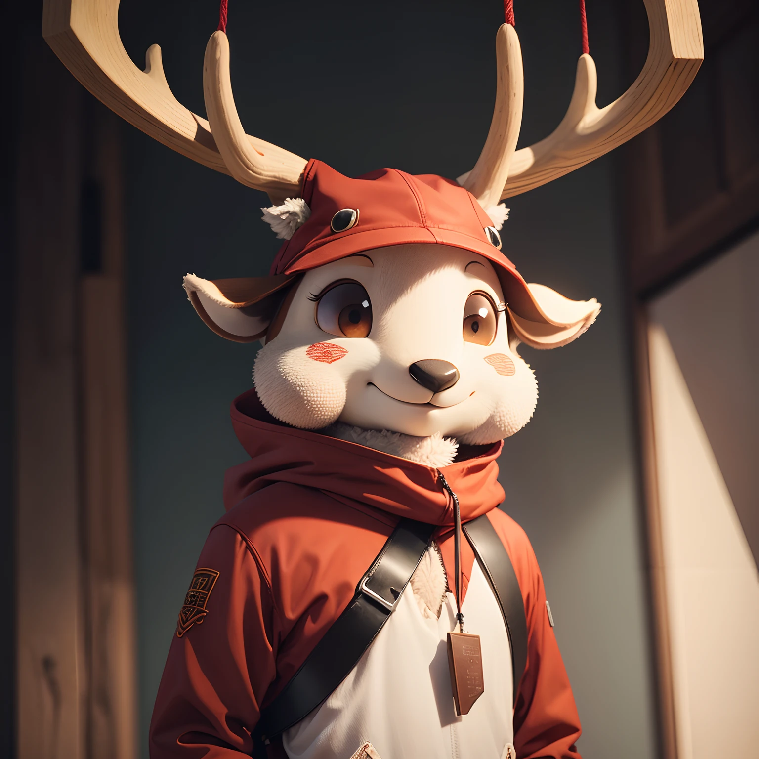 Anthropomorphic deer, hanging from meathook. Bloody. Furry