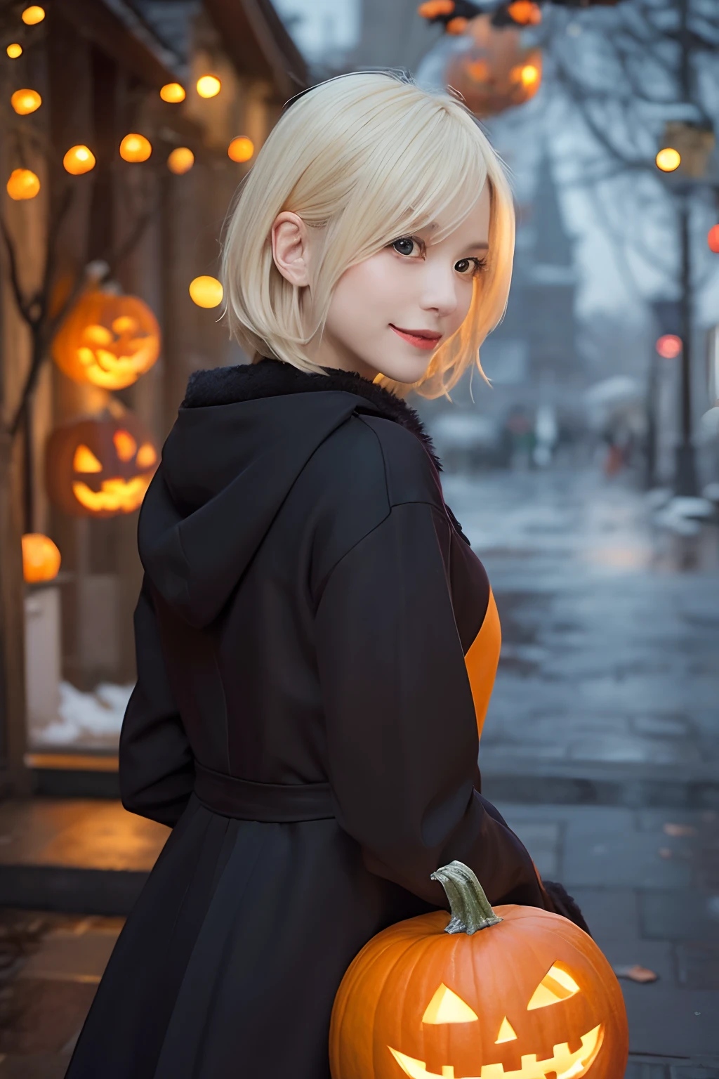 (Oil Painting, masutepiece, Best Quality, ultra-detailliert, Focus on character), short blonde hair, ([Back:0.8]|[ facing back:1.1]), smil、open open mouth,Wizard Cosplay、Halloween,pumpkins, ([Cold Scenario:1.2]|[ snowy background:1.3]| [High contrast:1.1])