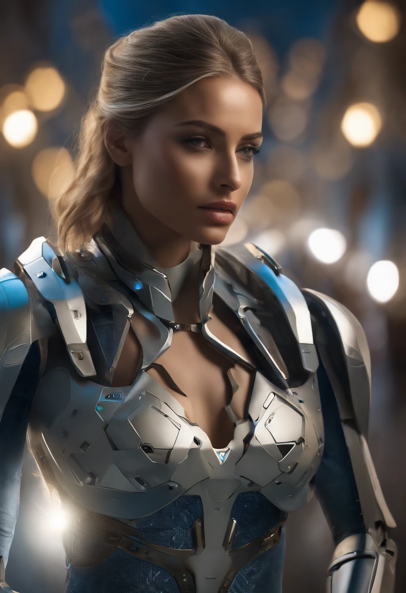 Mulher soldado futurista, fundo bandeiras de Israel, Ukraine and Brazil,olhos claros brilhantes, Biomechanicals, estranho, assustador, Pesadelo, cores muito brilhantes, light particles, com luz brilhante, Mshiff, Arte do papel de parede, Papel de parede UHD