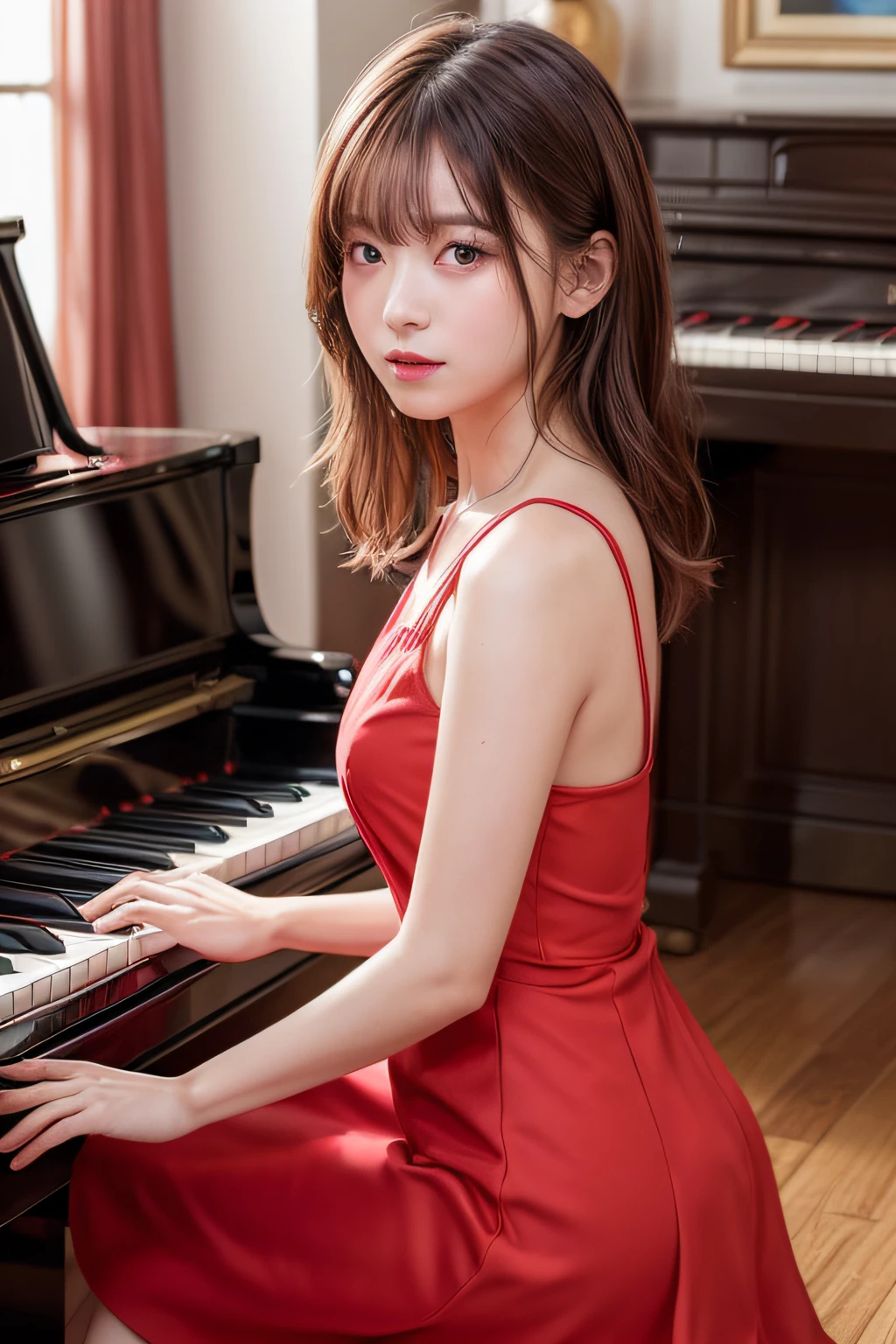 ((Top image quality、8K、​masterpiece：1.3))、Realistic high-quality photos、top-quality、a  girl、piano、RED dress