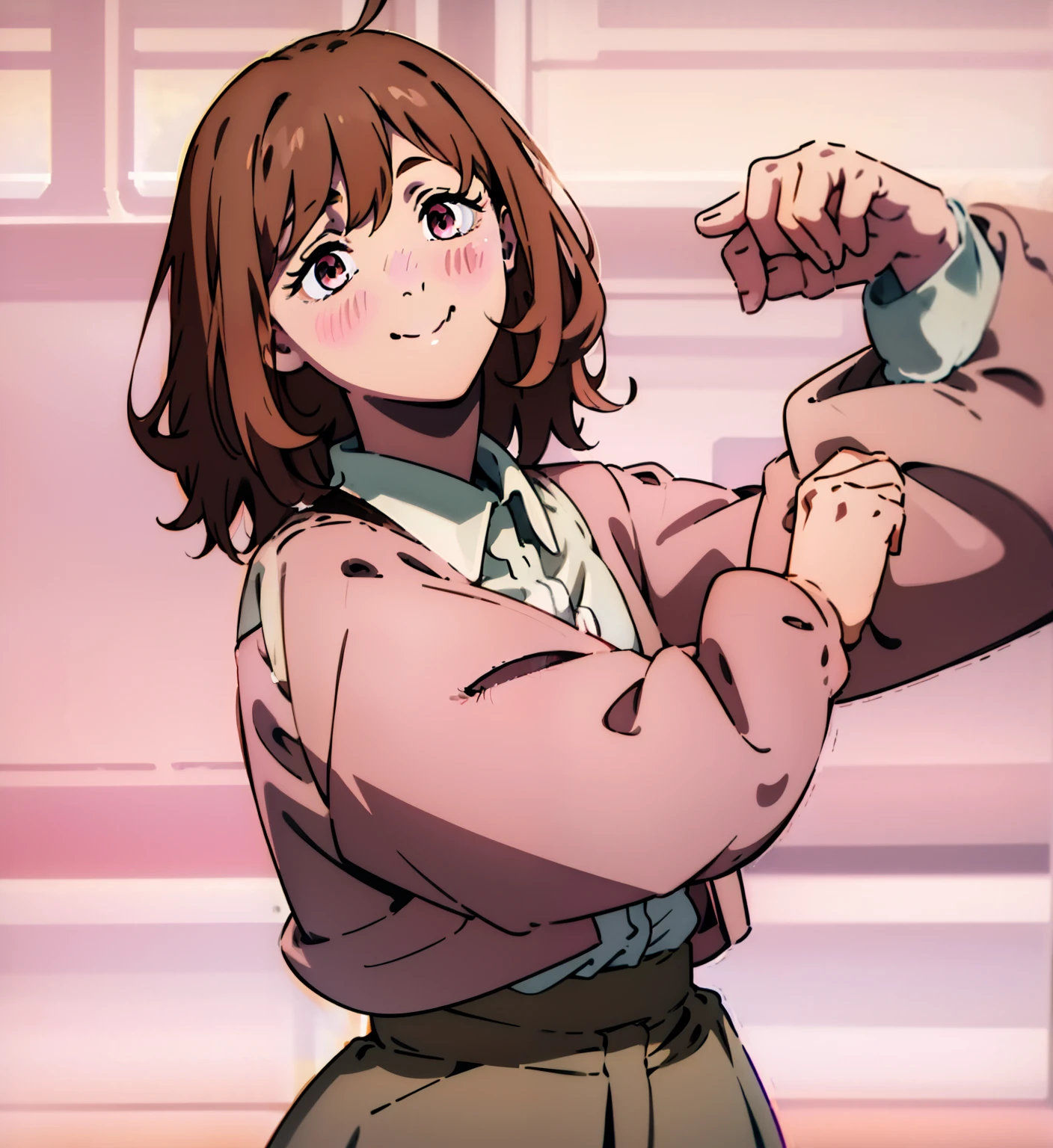 Short brown hair, messy hair, brown hair, cute outfit, brown cardigan, long sleeves, button up white undershirt, grayish pink skirt, smile, cute, non-binary, kawaii, light pink eyes, eyelashes, blush, smile, one person