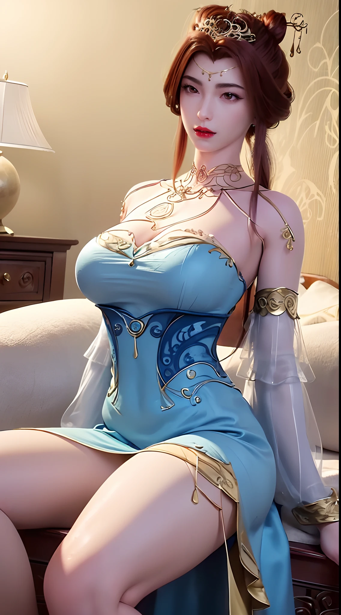 1 beautiful and sexy 20 year old girl, ((wear Blue antique nightgown is super invisible and sexy:1.6)), not wearing pants, sexy hanfu style, waist-length brown hair, jewelry elaborately made from precious stones and beautiful hair, ((wearing a 24k gold lace necklace:1.4)), the noble, noble style of an extremely beautiful girl, her small face is super cute, her face is very pretty, thin eyebrows, flawless beautiful face, ((black eye pupils: 0.8)), very beautiful eyes, ((brown eyes: 1.6)), (((big round eyes:1.6))), nice makeup and hair detailed eyelashes, steamy eye makeup, high nose, earrings, red lips, ((closed mouth: 1.5)) beautiful lips, slim hands, most beautiful thighs, ((arms spread out to the sides: 1.5)), rosy face, clean face, flawless beautiful face, smooth white skin, (big breasts: 1.5)), tight breasts, beautiful cleavage, (((big breasts and super round: 1.8))), beautiful breasts, perfect body, back arms, chest out, ((sitting position, leaning back with hands behind and chest raised high: 1.8)), ((Open your legs:1.5)), not ashamed, 8k photo, super high quality, super realistic, super 10x pixels, optical, bright studio, bright edges, dual-tone lighting, (high-detail skin:1.2), super 8k, soft lighting, high quality, volumetric lighting, photorealistic, photorealistic high resolution, lighting, best photo, 4k, 8k quality, smooth sharp, 10x pixel, ((Romantic bedroom and white bed background:1.5)), aurora, lightning, super graphics realistic, most realistic graphics, 1 girl, alone, solo, Extremely sharp image, surreal, (((upper body: 1.5)))."