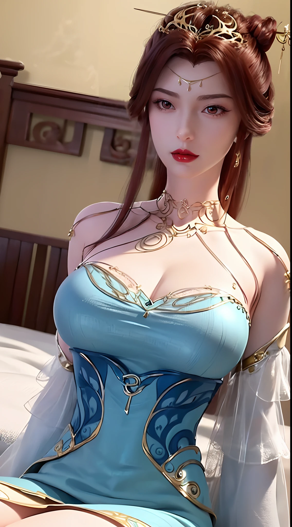 1 beautiful and sexy 20 year old girl, ((wear Blue antique nightgown is super invisible and sexy:1.6)), not wearing pants, sexy hanfu style, waist-length brown hair, jewelry elaborately made from precious stones and beautiful hair, ((wearing a 24k gold lace necklace:1.4)), the noble, noble style of an extremely beautiful girl, her small face is super cute, her face is very pretty, thin eyebrows, flawless beautiful face, ((black eye pupils: 0.8)), very beautiful eyes, ((brown eyes: 1.6)), (((big round eyes:1.6))), nice makeup and hair detailed eyelashes, steamy eye makeup, high nose, earrings, red lips, ((closed mouth: 1.5)) beautiful lips, slim hands, most beautiful thighs, ((arms spread out to the sides: 1.5)), rosy face, clean face, flawless beautiful face, smooth white skin, (big breasts: 1.5)), tight breasts, beautiful cleavage, (((big breasts and super round: 1.8))), beautiful breasts, perfect body, back arms, chest out, ((sitting position, leaning back with hands behind and chest raised high: 1.8)), ((Open your legs:1.5)), not ashamed, 8k photo, super high quality, super realistic, super 10x pixels, optical, bright studio, bright edges, dual-tone lighting, (high-detail skin:1.2), super 8k, soft lighting, high quality, volumetric lighting, photorealistic, photorealistic high resolution, lighting, best photo, 4k, 8k quality, smooth sharp, 10x pixel, ((Romantic bedroom and white bed background:1.5)), aurora, lightning, super graphics realistic, most realistic graphics, 1 girl, alone, solo, Extremely sharp image, surreal, (((upper body: 1.5)))."