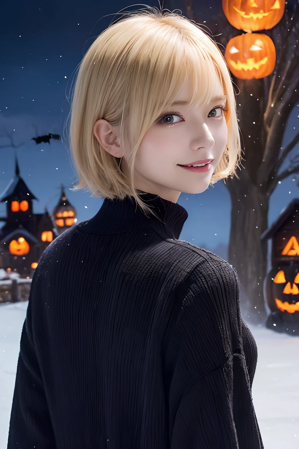 (Oil Painting, masutepiece, Best Quality, ultra-detailliert, Focus on character), short blonde hair, ([Back:0.8]|[ facing back:1.1]), smil、open open mouth,Wizard Cosplay、Halloween,pumpkins, ([Cold Scenario:1.2]|[ snowy background:1.3]| [High contrast:1.1])