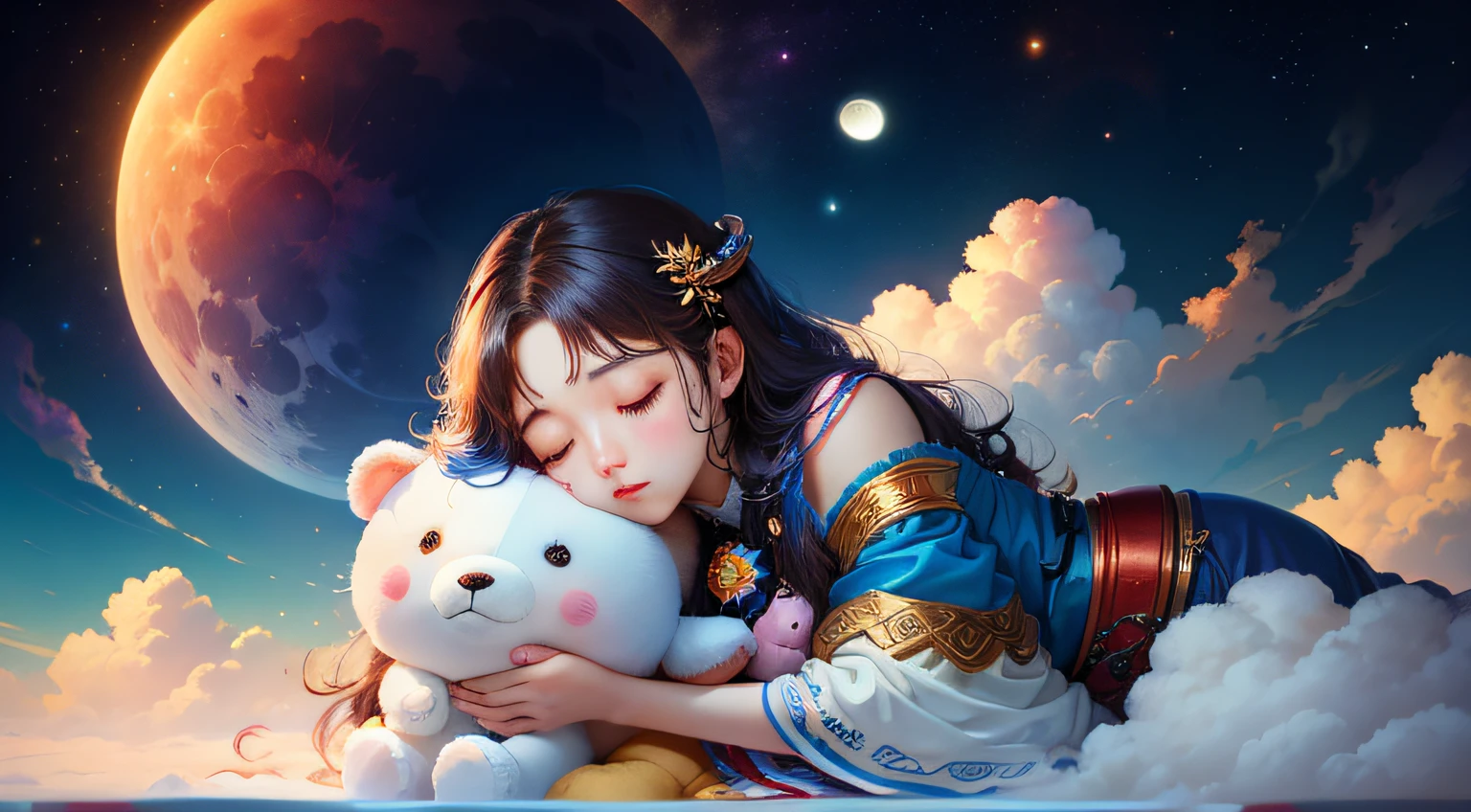 colorful、on clouds、kosmos、Big Moon、realistic、The girl is sleeping、Only one stuffed animal、超A high resolution