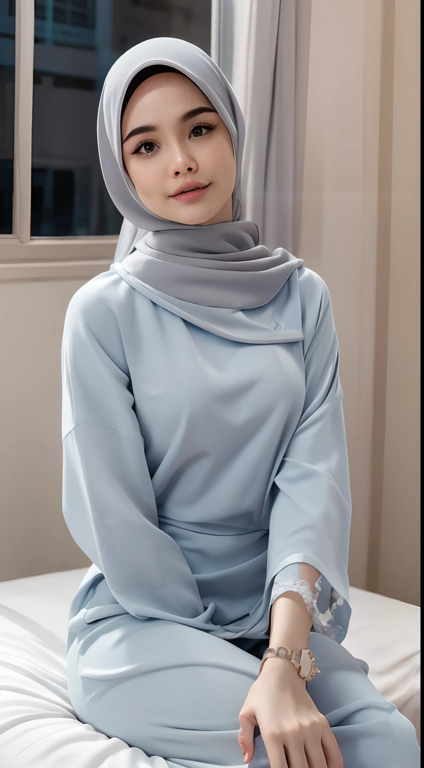 Young malay 20 years old wearing hijab, blue pastel color hijab, naked, nighttime, front view, small tits, small sagging breast, small chest, slim, slim abs, small waist, big hips,thick thighs, bright lighting, white lighting, detail skin texture, wrinkles, mole below eyes, bokeh, ((sitting on bed)),sexy petite body, exposed breast, wearing detailed hijab, realistic skin, seductive pose, seducing, bend over on bed, saggy breast, sagging small breast, looking viewers, soft focus face, magazine cover,