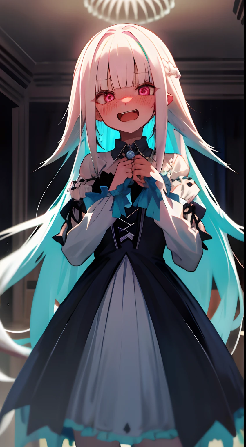 One girl with long hair, white hair, looking at viewer, cowboy shot, center, embarrassed, blushing, indoor, night , ghost, ghost dress, vampire teeth, big fangs, open mouth, 3 ghost around , bat head accessories, dark atmosphere