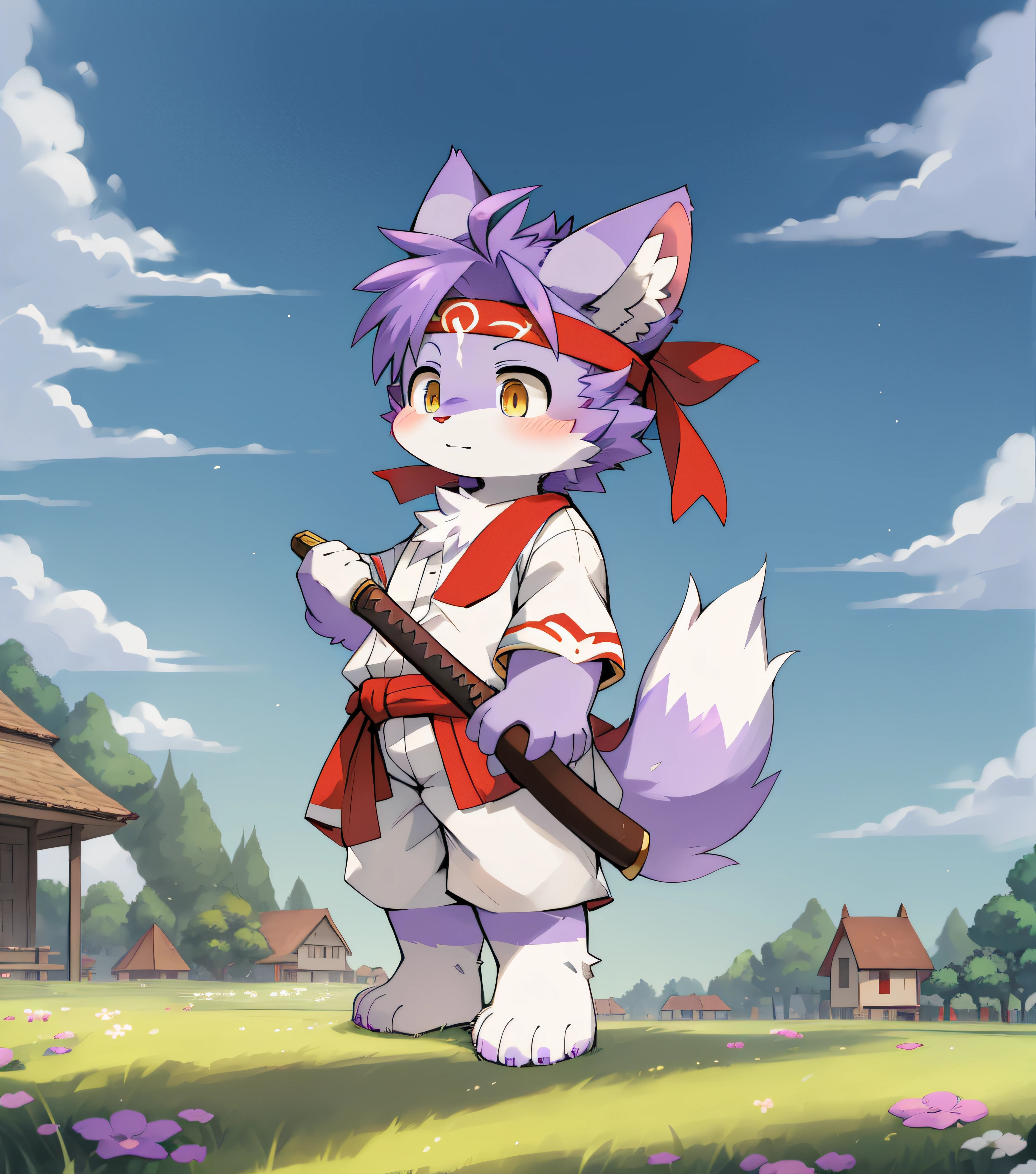 Purple fur，Purple fur，Purple skin，Beast too，Orc little boy，grassy fields，lawns，standing on your feet，Attention，blue-sky，shaggy，shaggy，Purple fur，Purple fur，Purple fur，Purple fur，Purple hair，male people，canid，adolable，adolable，adolable，solo person，Detailed fur，Yellow-eyed kernel，Thick eyebrows，Fluffy tail，white short sleeve，short white pants，ultra - detailed：1.0，Libido boy，toddlers，toddlers，toddlers，Children，children's，Gamine，Beast too，Beast too，Beast too，adolable，adolable，Shota（Via Dagasi：1.1），anatomy correct，Barefoot，The barefoot，Barefoot，Barefoot，Barefoot，standing on your feet，Attention，bald-headed，Cat feet，lawns，grassy fields，On the lawn，on a grassy field，bald-headed，balding，balding，Purple paws，Purple paws stepped on the grass，Purple paws on the grass，Purple paws，Stand on the lawn，standing in grassy field，Stand on the lawn，red waistband，komono，Red headband，Blood，A child with a katana in his hand，A child with a serious expression，Very shiny purple fur，Wide and thick red headband