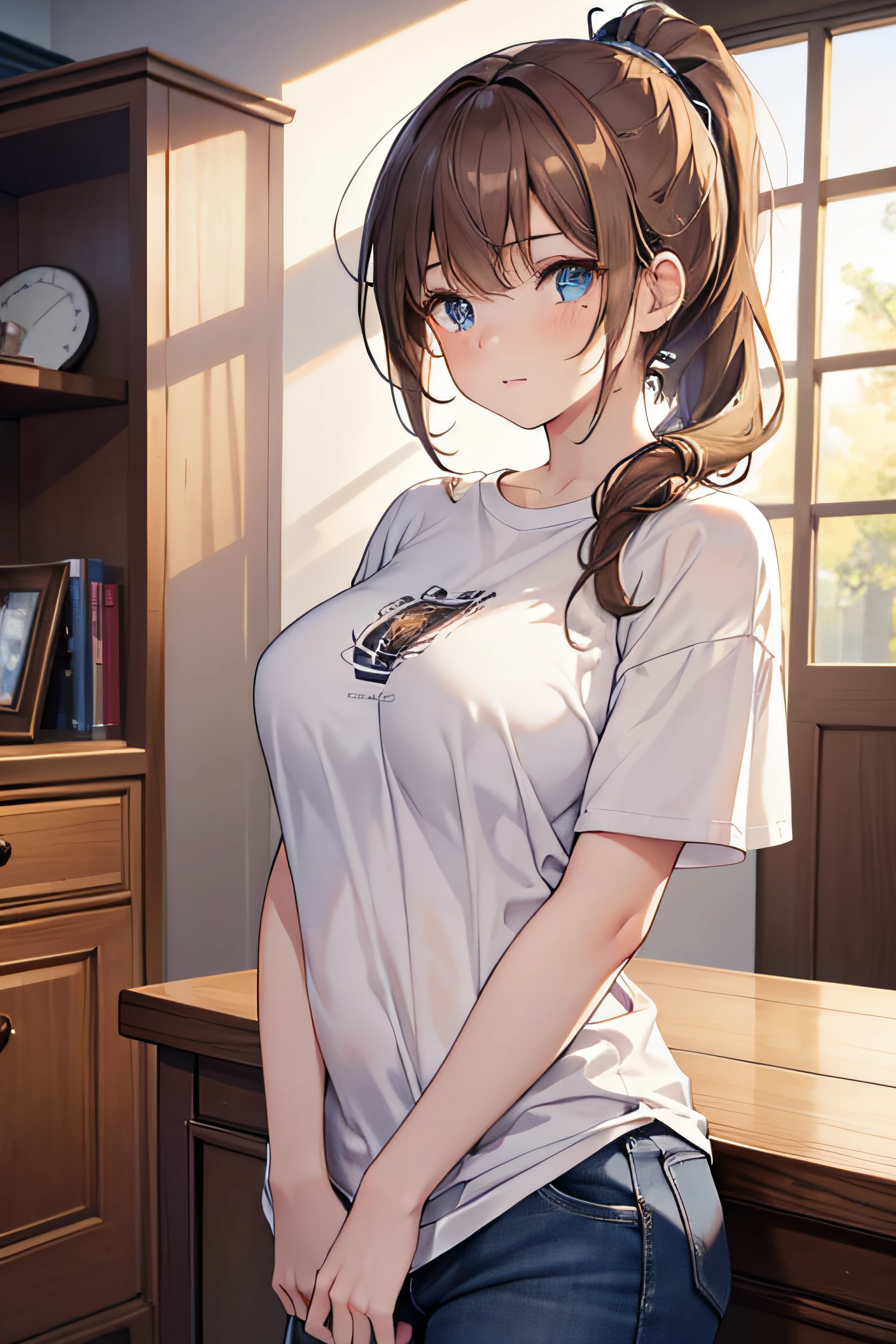 1.5, best quality, high quality, High definition, High quality texture, high detail, beautiful detailed, finely detailed, extremely detailed cg, detailed texture, 1girl, woman, female, ((adult)), young, brown hair, long ponytail, casual clothes, large breasts, plain t-shirt, freckles, indoors