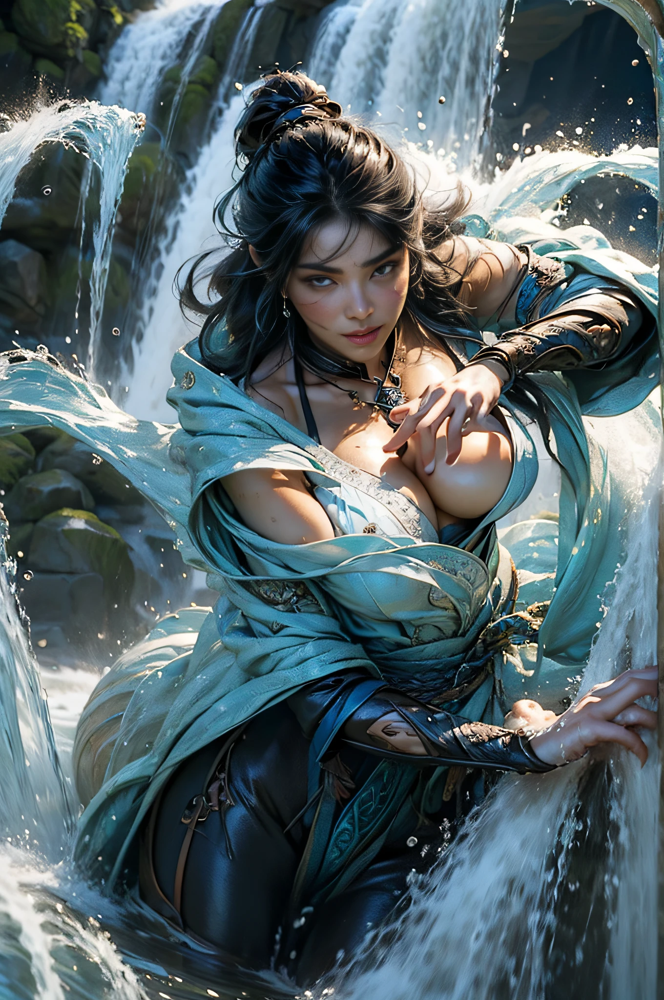 top-quality、masterpiece、超A high resolution、(Photoreal Stick:1.2)、Fantasyart、1girl、Godess of Water、独奏、Cowboy Shot、beautiful countenance、A detailed face、perfectly proportions、爆乳、big breasts thin waist、nabel、Crotch gap、big buttocks with a clean shape、thighs thighs thighs thighs、clong legs、cabelos preto e longos、(A large amount of water falls from above:1.5)、Deities々Shii Goddess、(There is a goddess dragon in the water)、(splash water、Eau、vague、:1.1)、full bodyesbian、normal hands、I don't have anything、Background waterhole、