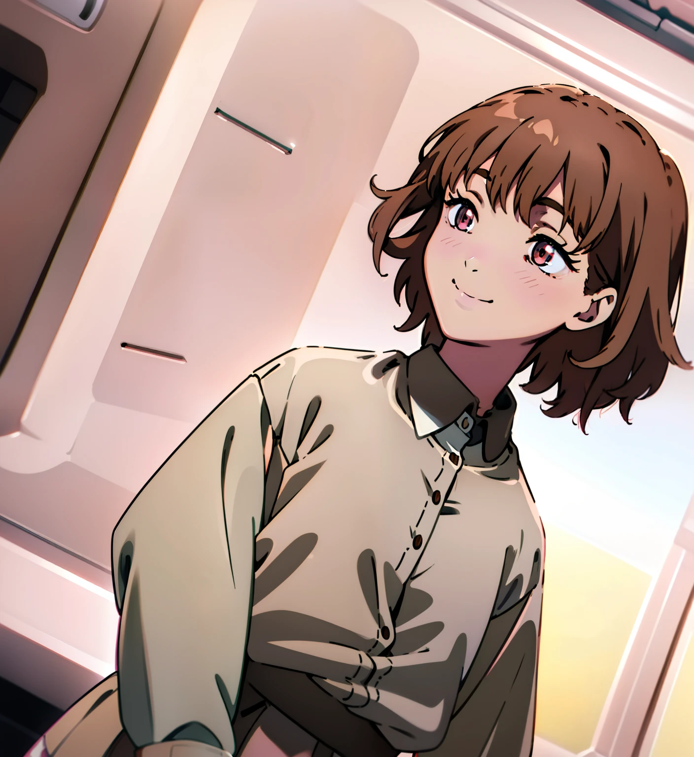 Short brown hair, messy hair, brown hair, cute outfit, brown cardigan, long sleeves, button up white undershirt, grayish pink skirt, smile, cute, non-binary, kawaii, light pink eyes, eyelashes, blush, smile, one person