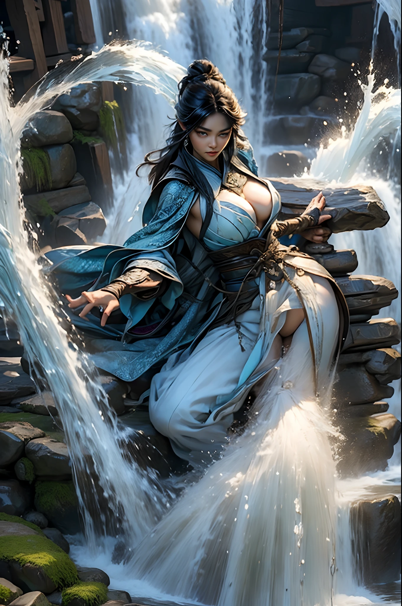top-quality、masterpiece、超A high resolution、(Photoreal Stick:1.2)、Fantasyart、1girl、Godess of Water、独奏、Cowboy Shot、beautiful countenance、A detailed face、perfectly proportions、爆乳、big breasts thin waist、nabel、Crotch gap、big buttocks with a clean shape、thighs thighs thighs thighs、clong legs、cabelos preto e longos、(A large amount of water falls from above:1.5)、Deities々Shii Goddess、(There is a goddess dragon in the water)、(splash water、Eau、vague、:1.1)、full bodyesbian、normal hands、I don't have anything、Background waterhole、