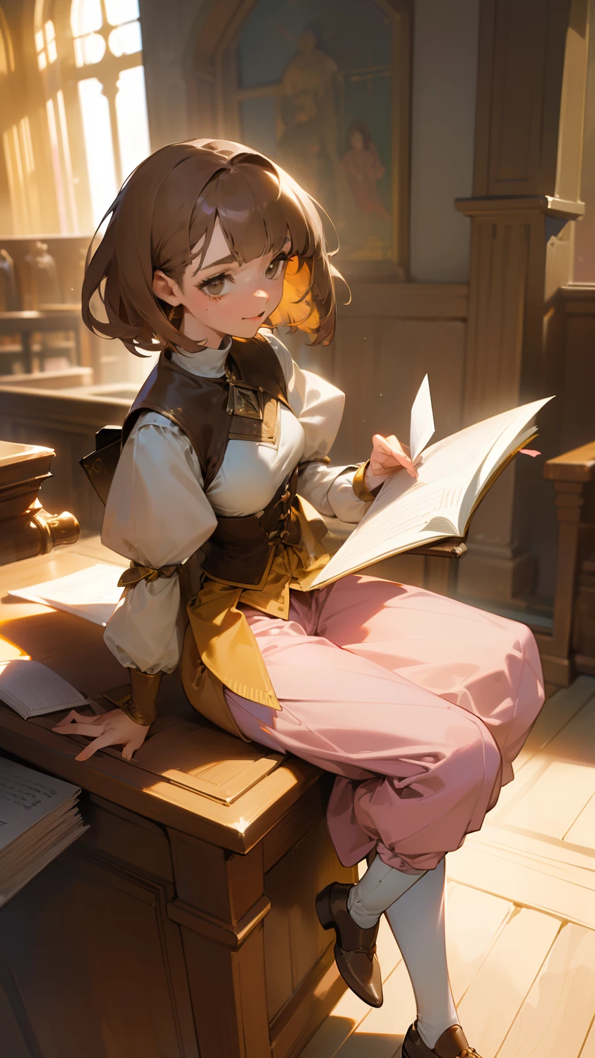 masterpiece, ultra detailed, 8K Portrait, Raw photo, portrait photography, full body, Highly detailed face, ((Fantasy)), Young beautiful, 27 years old, smile, ((((receptionist))), sitting on wood chair, (((light brown short bobbed hair))) Fluttering in the wind, blunt bangs, pink colored long puffy sleeve clothes, yellow waistcoat, maxi skirt, ((holding a note book)), Morning Sun, hyper realistic, Body model, Small breasts, Beautiful breasts, Long legs, in the medieval adventurer's guild, Ambient lighting, Shadow details , Camera focus on face, strong breeze, Light fog