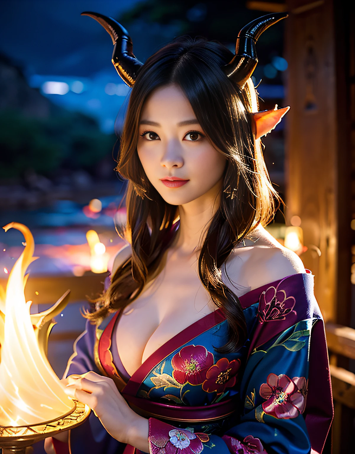 (((masutepiece,))),Professional , masterpiece、top-quality、photos realistic , depth of fields 、Raw photo、女の子1a person、glowy skin、(sexypose)、(Black maple on the background of full bloom),(Ultimate Beauty)、A dark-haired、Mystical expression、Light Effects、intense fighting、Wind-effect、ultrasharp、(shrine background)、(Kimono with a beautiful pattern that is dense and gorgeous)、(Midnight background)、Beautiful hair ornament on the head、,(intense fighting),((Precipitous cliffs)),(Wearing a colorful and beautiful kimono),(Wear a colorful and beautiful kimono)、cleavage of the breast、(Japan Castle Background)、Jewel Gold Weapon、Particles of light),(intense fighting)、Gorgeous jewelry hair ornaments on the head ,Castle background、(( Gorgeous Dragon Sword)) , (a dark night),,(maikurobikini) 、((Black Haired Beautiful Girl))、(Castle background)、(demonic wings)、((Gangle's forest background))、Beautiful Caucasian beauty、1a person、dynamic ungle,(((Two devil's horns on the head)))、Smaller head、Idle Smile、Thin and beautiful female hands、Mystical expression、Light Effects、intense fighting、Wind-effect、magic circles、With the legendary magic wand、Dragon's tail、Anatomically correct fingers、Full Body Angle、Anatomically correct number of fingers、