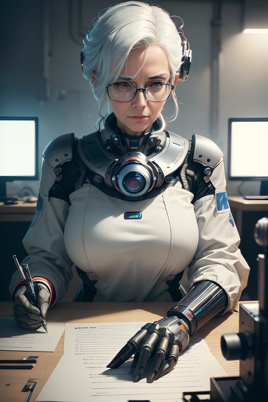 (best quality,4k,8k,highres,masterpiece:1.2),ultra-detailed,(realistic,photorealistic,photo-realistic:1.37),robots creating robots in a futuristic lab,elderly scientist with white hair and glasses,mechanical look of the robots,Sci-fi vibes,the moment when the robots are launching