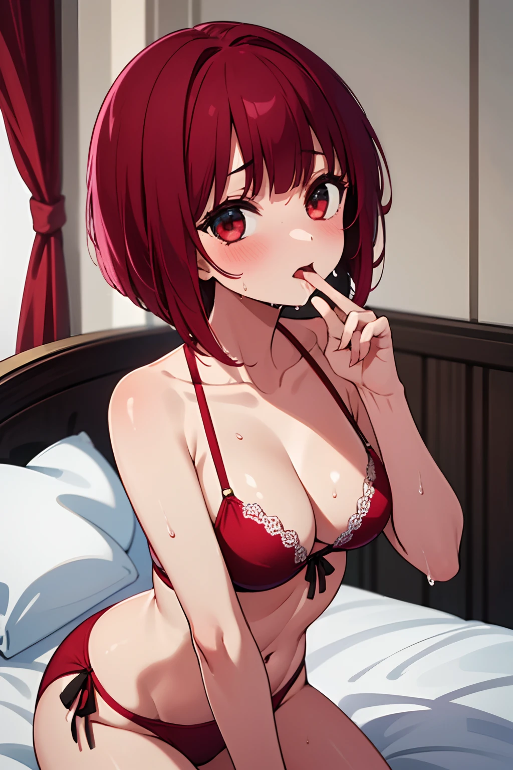 Masterpiece, Best Quality, High Resolution, Ultra High Resolution, Depth Of Field,1girl, red eyes, red hair, ((bob hair)), small breasts, Cleavage, Exposed skin, on bed, (wet skin), bikini, finger in mouth