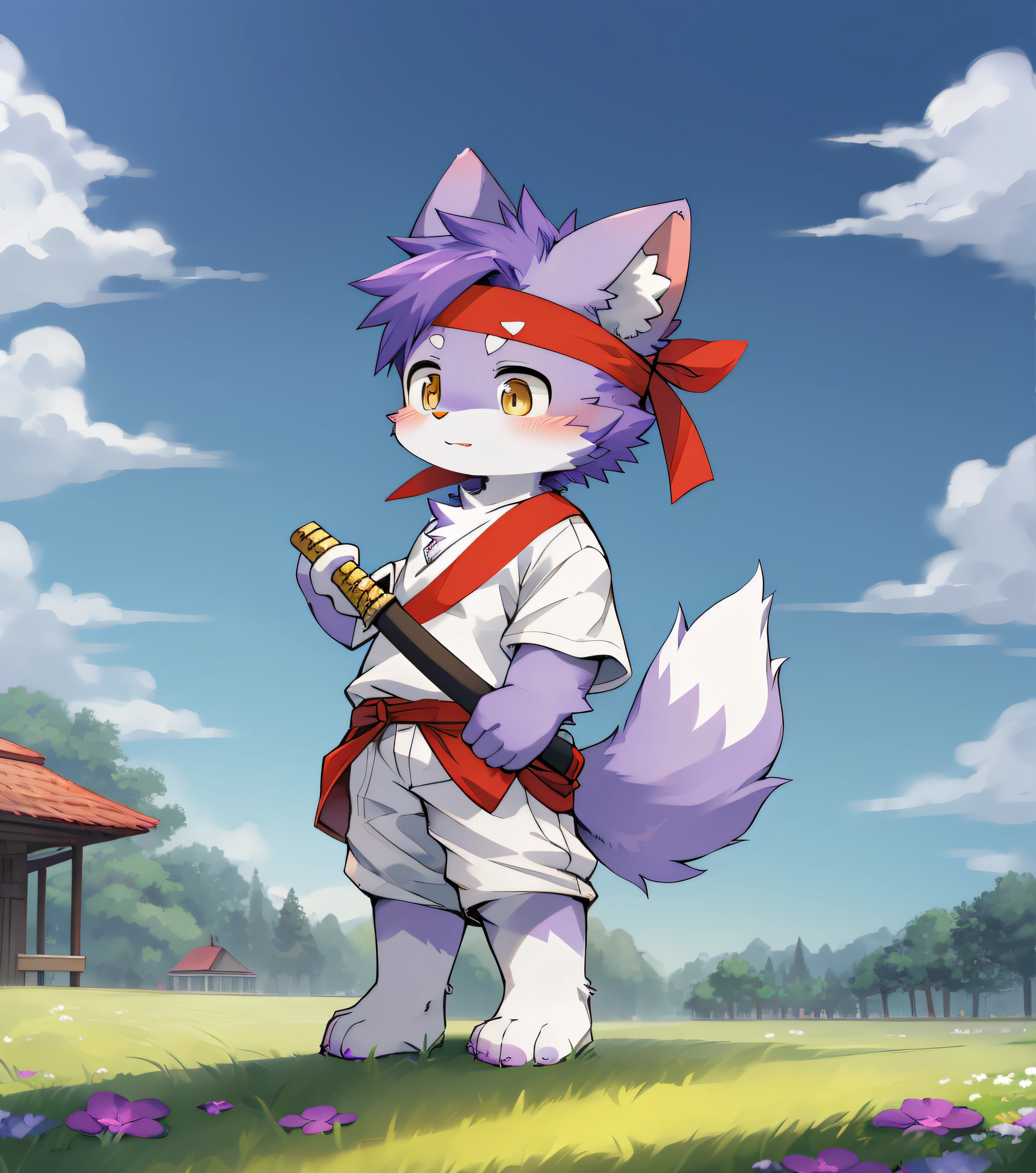Purple fur,Purple fur,Purple skin,Beast too,Orc little boy,grassy fields,lawns,standing on your feet,Attention,blue-sky,shaggy,shaggy,Purple fur,Purple fur,Purple fur,Purple fur,Purple hair,male people,canid,adolable,adolable,adolable,solo person,Detailed fur,Yellow-eyed kernel,Thick eyebrows,Fluffy tail,white short sleeve,short white pants,ultra - detailed:1.0,Libido boy,toddlers,toddlers,toddlers,Children,children's,Gamine,Beast too,Beast too,Beast too,adolable,adolable,Shota(Via Dagasi:1.1),anatomy correct,Barefoot,The barefoot,Barefoot,Barefoot,Barefoot,standing on your feet,Attention,bald-headed,Cat feet,lawns,grassy fields,On the lawn,on a grassy field,bald-headed,balding,balding,Purple paws,Purple paws stepped on the grass,Purple paws on the grass,Purple paws,Stand on the lawn,standing in grassy field,Stand on the lawn,red waistband,komono,Red headband,Blood,A child with a katana in his hand,A child with a serious expression,Very shiny purple fur,Wide and thick red headband