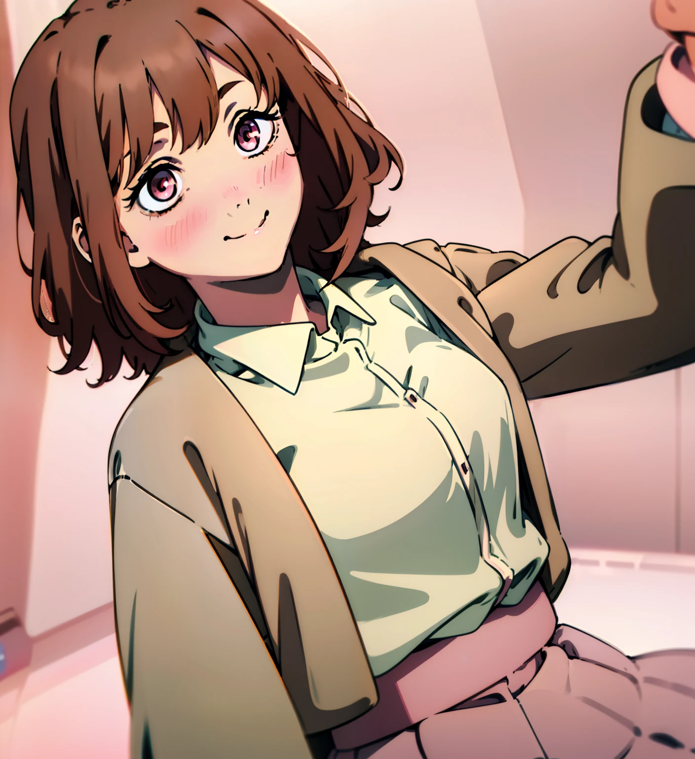 Short brown hair, messy hair, brown hair, cute outfit, brown cardigan, long sleeves, button up white undershirt, grayish pink skirt, smile, cute, non-binary, kawaii, light pink eyes, eyelashes, blush, smile, one person