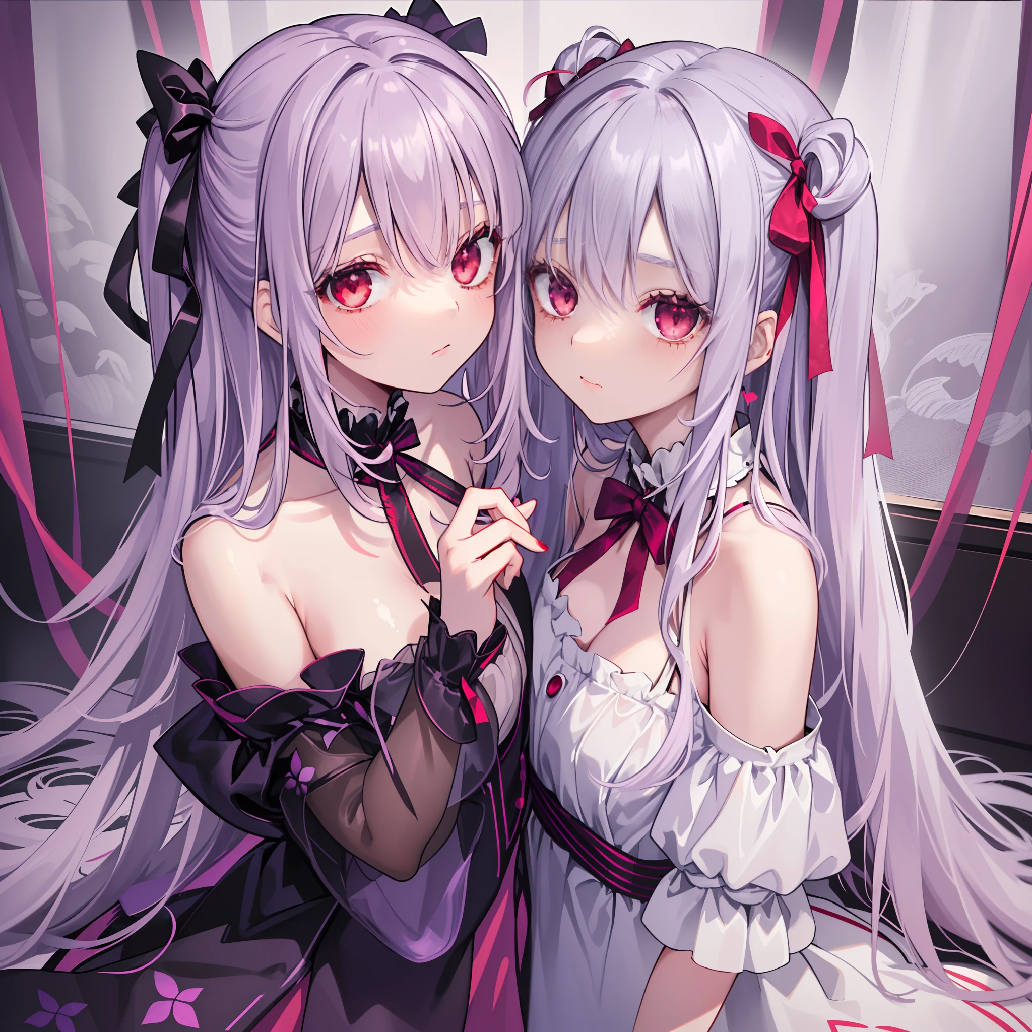 （（​masterpiece）），（（hightquality）），（（（hight resolution））），（（（（（（Lots of girls）））））），（（（（（Girl with red ribbon and purplish-silver hair））））），（（（（Harem of a large group of girls with purplish-silver hair wearing red ribbon）））），（（（（Girl with purplish silver hair on red ribbon background）））），（（（（Body shape々Harem girl with purplish silver hair wearing red ribbon）））），（（（appearance々Harem girl with hairstyle and purplish-silver hair wearing nice red ribbon））），（（（（（（（Her only hair color with a red ribbon is purplish-silver hair.））））））），（（（Purplish-silver twin tails with red ribbon and red ribbon））），（（（Short-cut purplish-silver hair wearing a red ribbon））），（（（long hair with purplish-silver hair wearing a red ribbon））），（（（Purplish silver twin drill hair））），（（（Purplish-silver hair and red ribbon ponytail））），（（（Slender girl with purplish-silver hair））），（（Gorgeous girl with purplish silver hair wearing red ribbon）），（（Purplish-silver haired virgin wearing red ribbon）），（（（（Costumes different from the original）））），（（（（Hairstyle different from the original）））），（（（Proportions different from the original））），（（（（Maid clothes style sexy fluffy game underwear）））），（（（Glowing red eyes））），（（（Attractive appearance of the screen）））