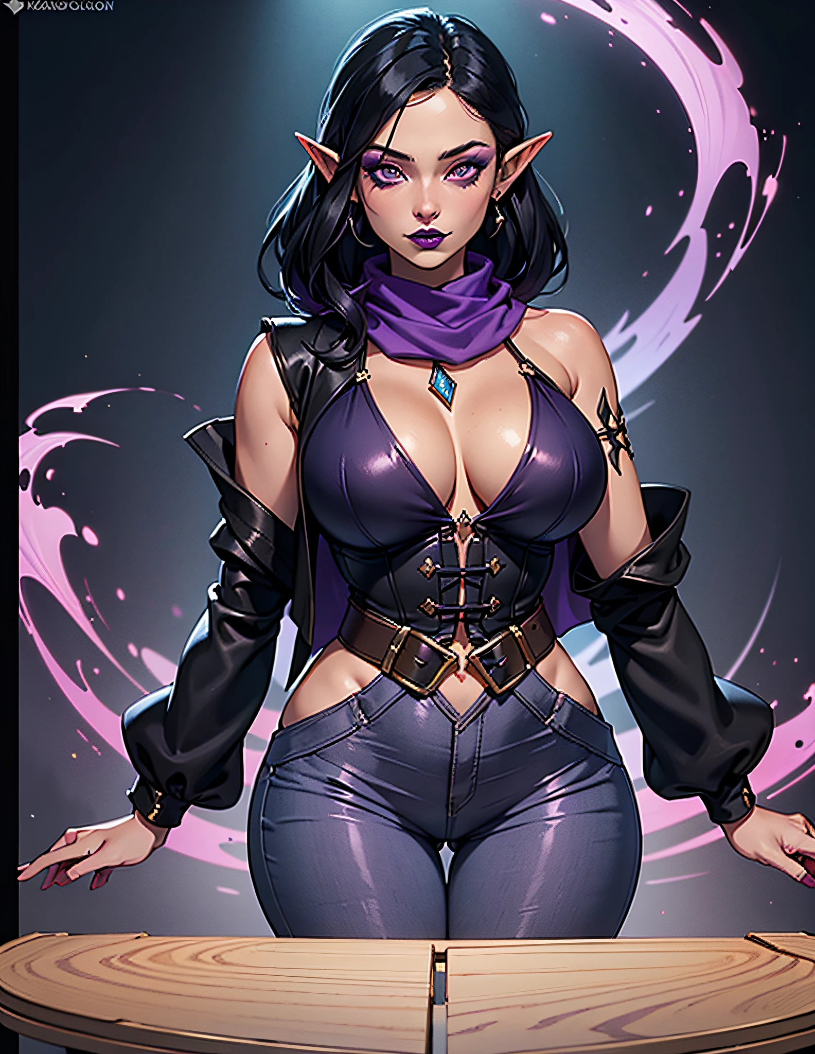 dnd character portrait, (extremely detailed CG unity 8k wallpaper), full shot body photo of the most beautiful artwork in the world, beautiful woman, (((vivid purple eyes))), half-elf female wizard, conservatively dressed, modestly dressed, (buttoned up black sleeveless longcoat), (purple sleeves), (tight grey pants), (purple silk scarf), tied back silky shoulder length detailed black hair, (((fully clothed))), (dark gothic makeup), tan skin, (enormous breasts), small pointy ears, wide hips, hourglass figure, big booty, beautiful complexion, confident, alluring, gorgeous, Persian, powerful, magical realism, cinematic lighting