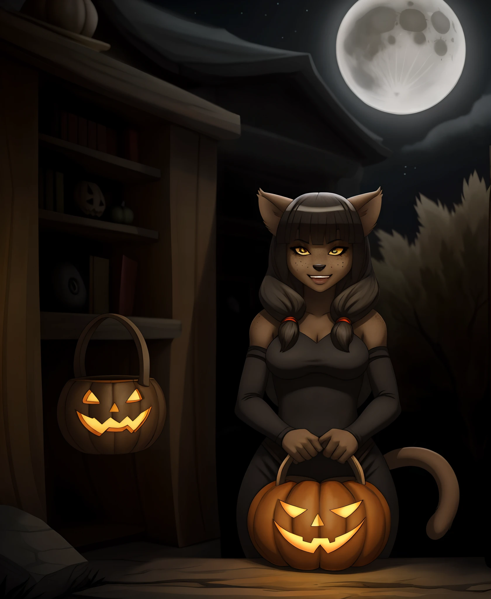 1girl, dark skin, cat ears, bangs, long hair, freckles, full body, detailed background, a moonlit Halloween night with an enchanting atmosphere, a black cat dressed as a witch, (her sleek fur blending perfectly with the darkness), playfully teasing with every twist and turn, as she ventures from house to house, she embraces the spirit of "trick or treat" with a mischievous gleam in her eyes,