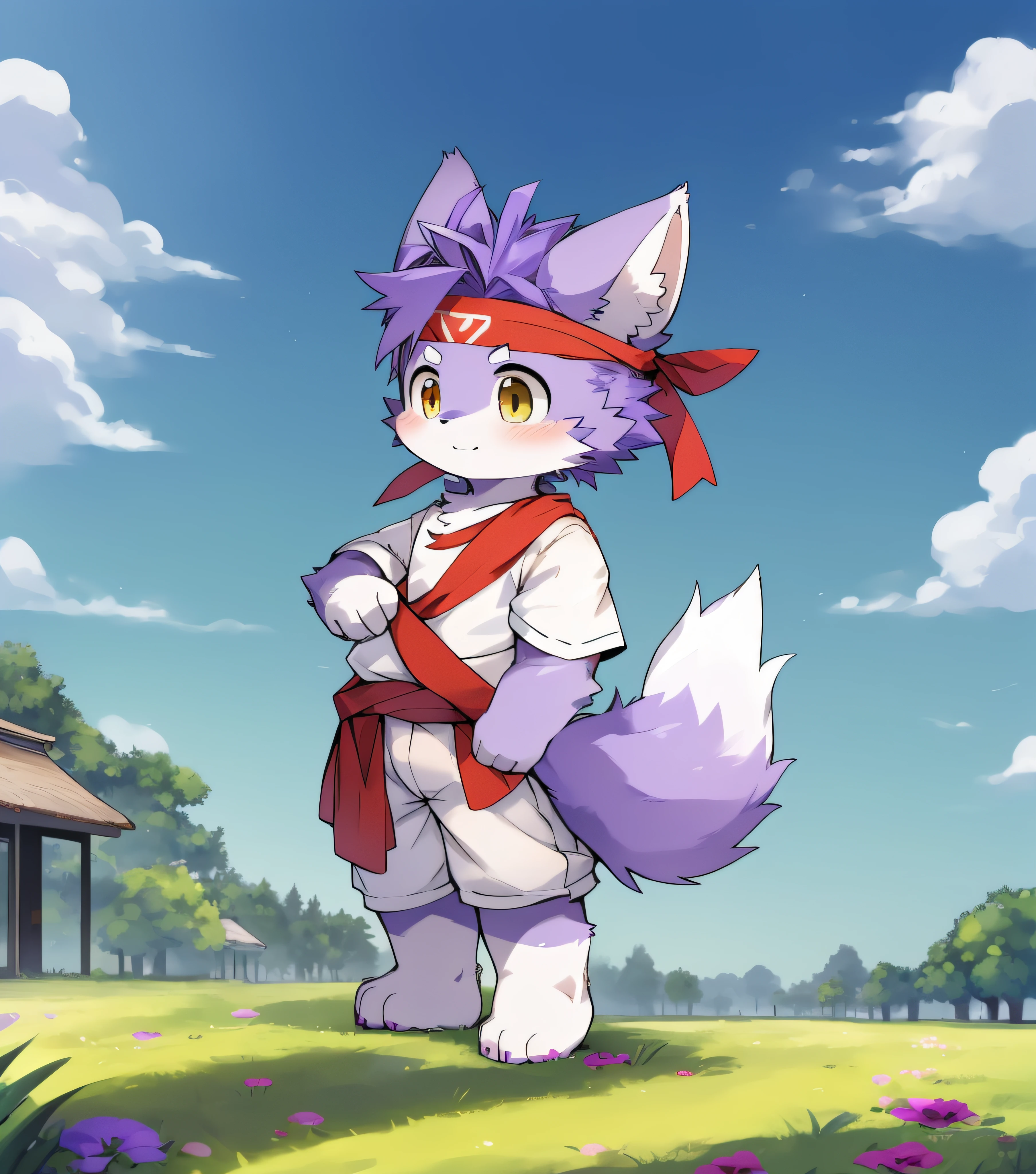 Purple fur，Purple fur，Purple skin，Beast too，Orc little boy，grassy fields，lawns，standing on your feet，Attention，blue-sky，shaggy，shaggy，Purple fur，Purple fur，Purple fur，Purple fur，Purple hair，male people，canid，adolable，adolable，adolable，solo person，Detailed fur，Yellow-eyed kernel，Thick eyebrows，Fluffy tail，white short sleeve，short white pants，ultra - detailed：1.0，Libido boy，toddlers，toddlers，toddlers，Children，children's，Gamine，Beast too，Beast too，Beast too，adolable，adolable，Shota（Via Dagasi：1.1），anatomy correct，Barefoot，The barefoot，Barefoot，Barefoot，Barefoot，standing on your feet，Attention，bald-headed，Cat feet，lawns，grassy fields，On the lawn，on a grassy field，bald-headed，balding，balding，Purple paws，Purple paws stepped on the grass，Purple paws on the grass，Purple paws，Stand on the lawn，standing in grassy field，Stand on the lawn，red waistband，komono，Red headband，Blood，A child with a serious expression，Very shiny purple fur，Wide and thick red headband