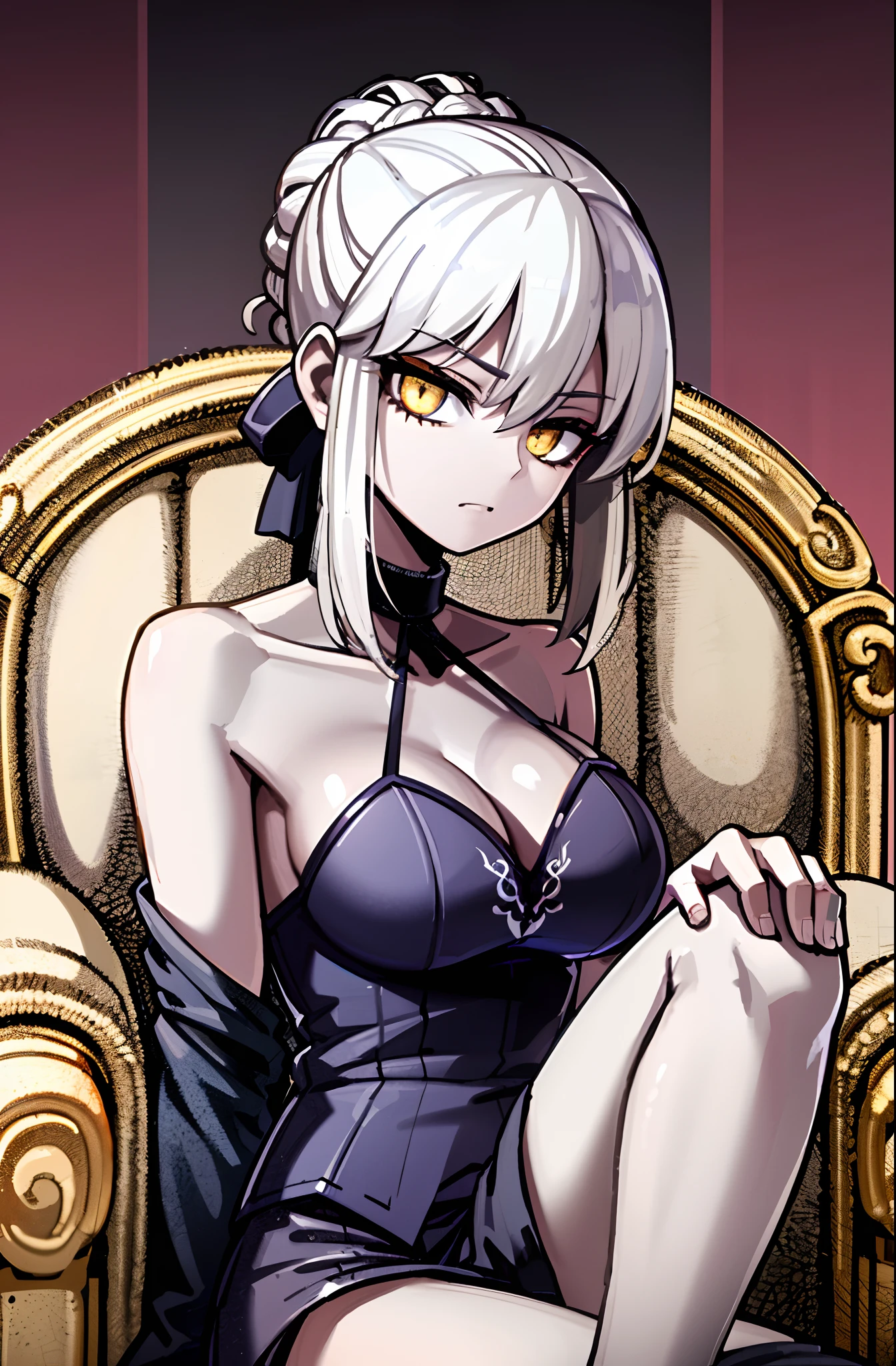 (best quality, highres:1.2), ultra-detailed, (Dark Throne Room Background), (Black, Indigo, and Red background color palette), 1girl, Saber Alter from Fate/Grand Order, beautiful detailed eyes, beautifully detailed lips, extremely detailed eyes and face, long eyelashes, platinum gold hair, golden eyes, sitting in black throne, serious expression, crossing leg sitting position, indigo dress, bare shoulders, bare arms