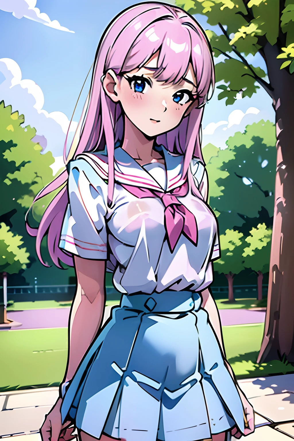 (best quality,4k,highres,masterpiece:1.2),ultra-detailed,realistic pink-hair woman,portraits,beautiful detailed eyes,beautiful detailed lips,vivid colors,anime artists,physically-based rendering,bright colors,soft natural lighting,pink blossoms,playful expression,gently swinging(animate),raindrops on her face,shiny wet hair,refreshing smell of rain,dreamy atmosphere,sailor-style school uniform,white sailor blouse with blue pleated mini skirt,18-year-old,feminine charm,innocence,girlish elegance. Swinging in the park, downpour of rain