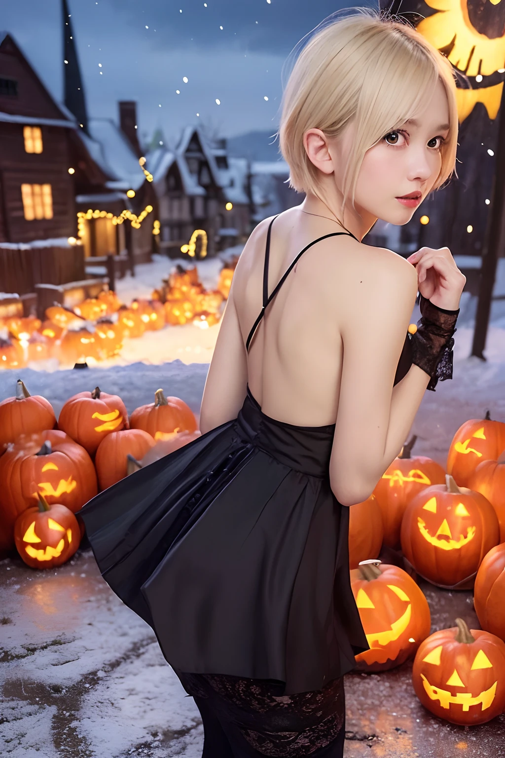 (Oil Painting, masutepiece, Best Quality, ultra-detailliert, Focus on character), short blonde hair, ([Back:0.8]|[ facing back:1.1]), Serious face,open open mouth,Wizard Cosplay、Halloween,pumpkins, ([Cold Scenario:1.2]|[ snowy background:1.3]| [High contrast:1.1])