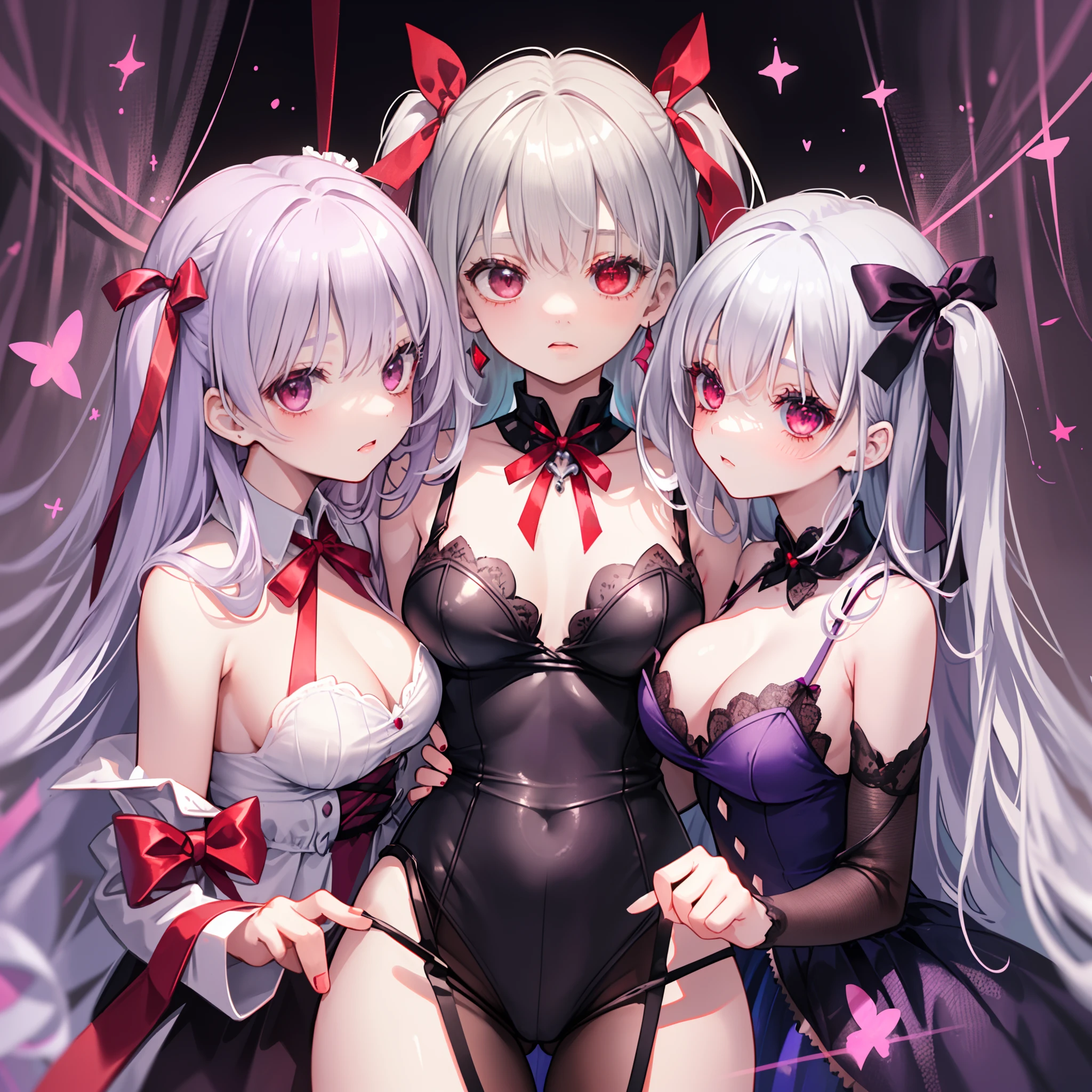 （（​masterpiece）），（（hightquality）），（（（hight resolution））），（（（cowboy  shot））），（（（harems））），（（（（（（Image of lots of girls lined up）））））），（（（（（Girl with red ribbon and purplish-silver hair））））），（（（（Harem of a large group of girls with purplish-silver hair wearing red ribbons）））），（（（（Girl with purplish silver hair on red ribbon background）））），（（（（Body shape々Harem girl with purplish-silver hair wearing red ribbon）））），（（（appearance々Harem girl with hairstyle and purplish-silver hair wearing nice red ribbon））），（（（（（（（Her only hair color with a red ribbon is purplish-silver hair.））））））），（（（Purplish-silver twin tails with red ribbon and red ribbon））），（（（Short-cut purplish-silver hair wearing a red ribbon））），（（（long hair with purplish-silver hair wearing a red ribbon））），（（（Purplish silver twin drill hair））），（（（Purplish-silver hair and red ribbon ponytail））），（（（Slender girl with purplish-silver hair））），（（Gorgeous girl with purplish silver hair wearing red ribbon）），（（Purplish-silver haired virgin wearing red ribbon）），（（（（Costumes different from the original）））），（（（（Hairstyle different from the original）））），（（（Proportions different from the original））），（（（（Maid clothes style sexy fluffy game underwear）））），（（（Glowing red eyes））），（（（Attractive appearance of the screen）））