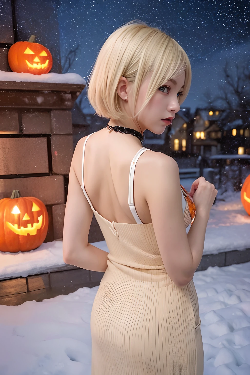 (Oil Painting, masutepiece, Best Quality, ultra-detailliert, Focus on character), short blonde hair, ([Back:0.8]|[ facing back:1.1]), Serious face,open open mouth,Wizard Cosplay、Halloween,pumpkins, ([Cold Scenario:1.2]|[ snowy background:1.3]| [High contrast:1.1])