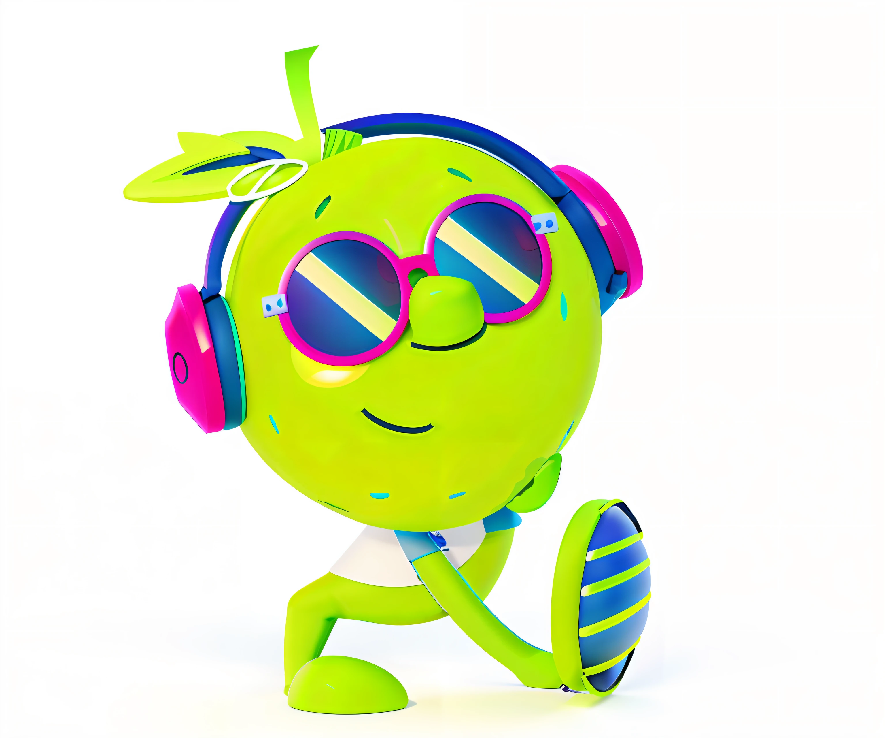 cartoon lime with headphones and sunglasses running and listening to music, lemon wearing sunglasses, dj, created in adobe illustrator, wearing a lemon, dancing character, official artwork, with head phones, made in adobe illustrator, headphones dj rave, neon operator, lime, wearing a melon, cute:2, official illustration, jamming to music, 🐿🍸🍋, stylized digital illustration, round perfect lime