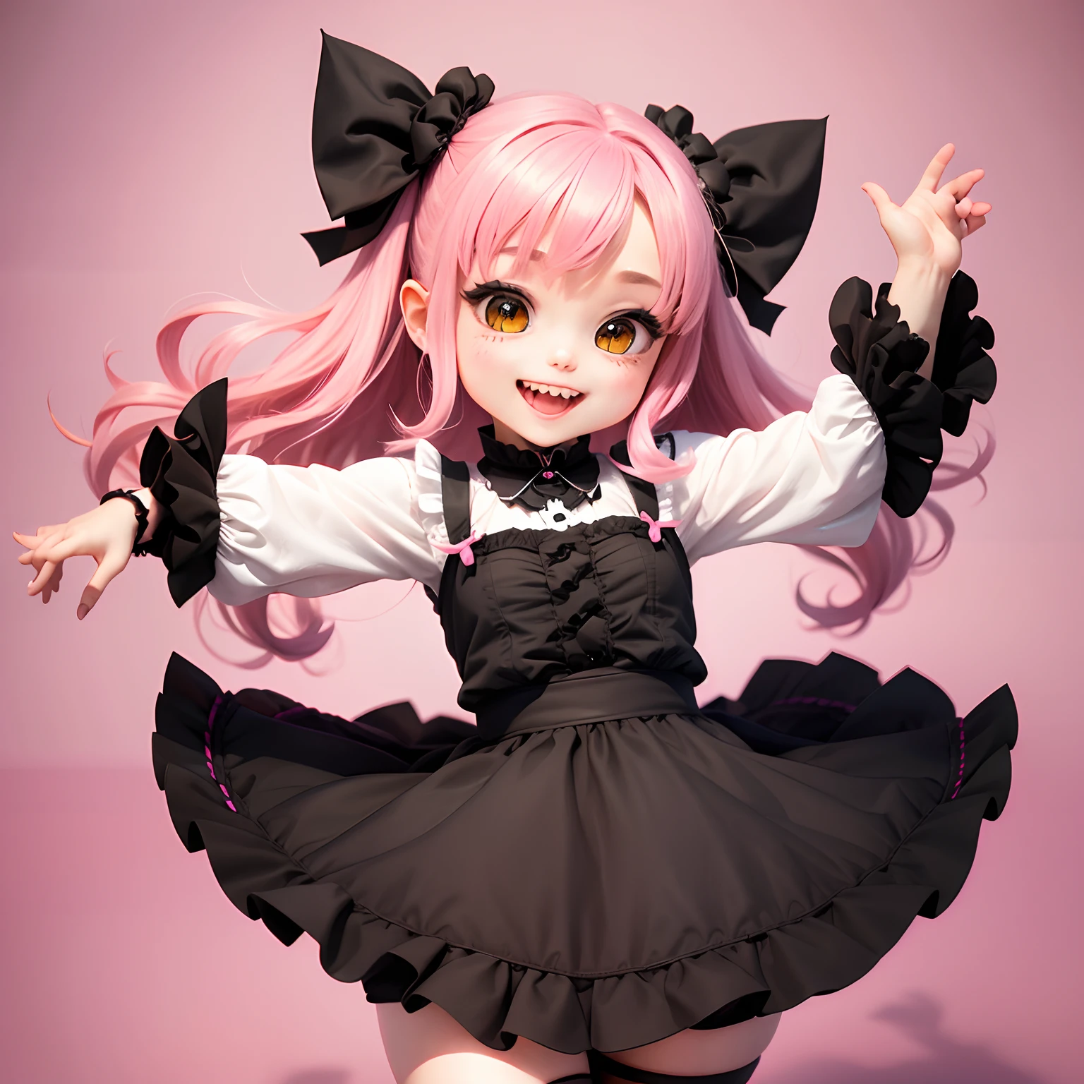 Chibi Goth ta Cat、Full body pink、a smile、Jump and rejoice、Background white