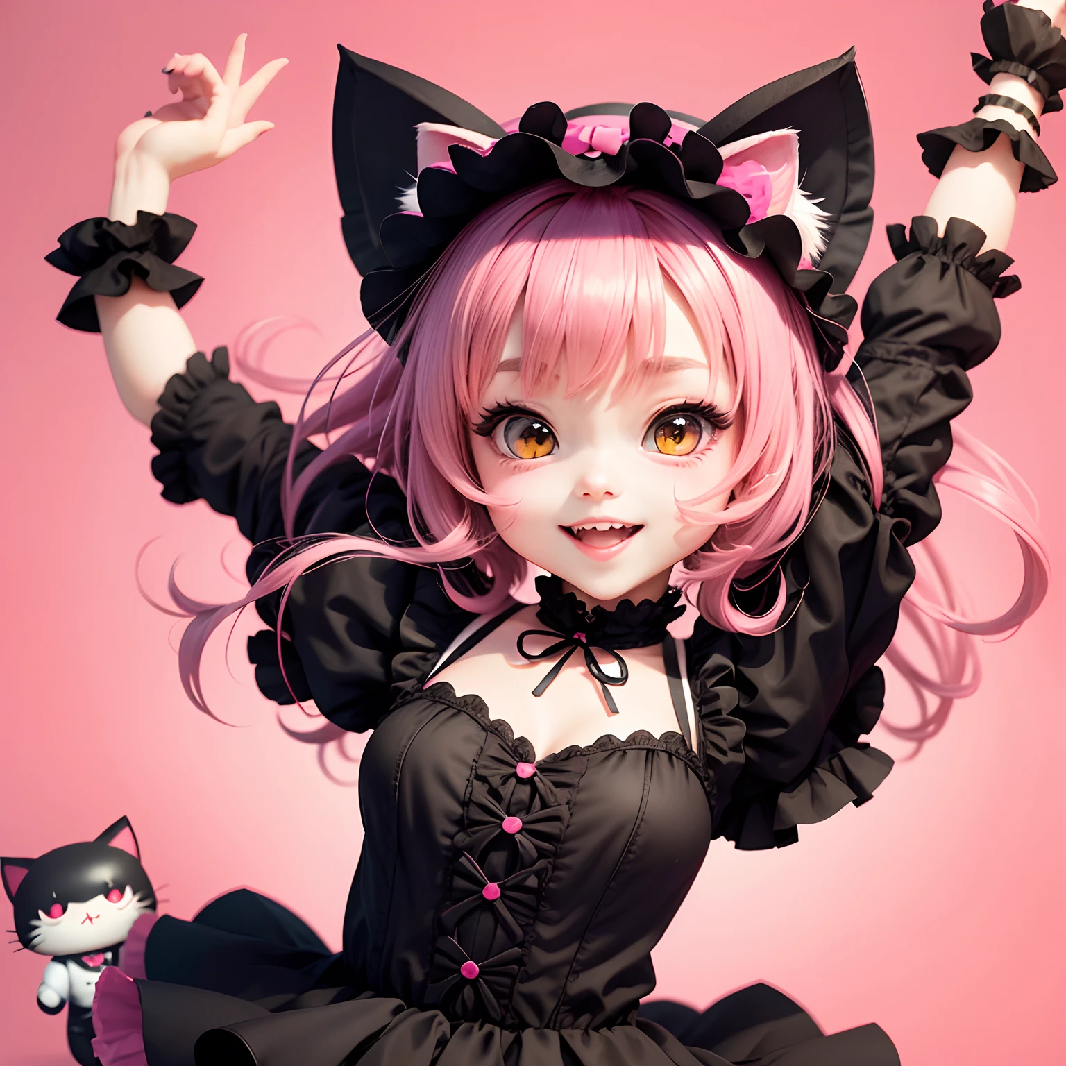 Chibi Goth Lolita Cat、Full body pink、a smile、Jump and rejoice、Background white