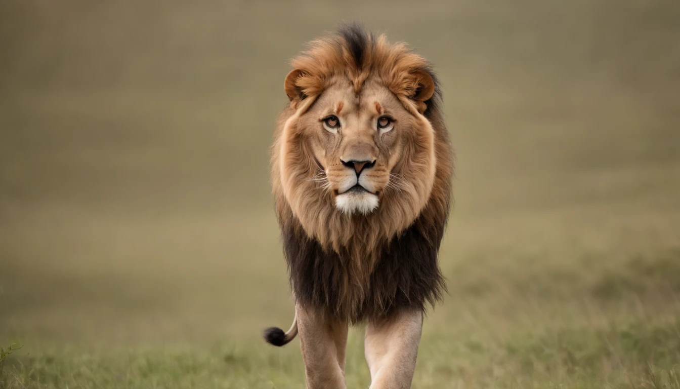 There is a black-haired lion walking on the grass with a rock in the background, Uma foto de Derek Zabrocki, Unsplash, arte digital, Rei da selva, with the mane of a lion, olhar orgulhoso, fazendo uma pose majestosa quente, Aslan the Lion, half lion, 2 d full body lion, olhar orgulhoso, arte digital animal foto, lion mane