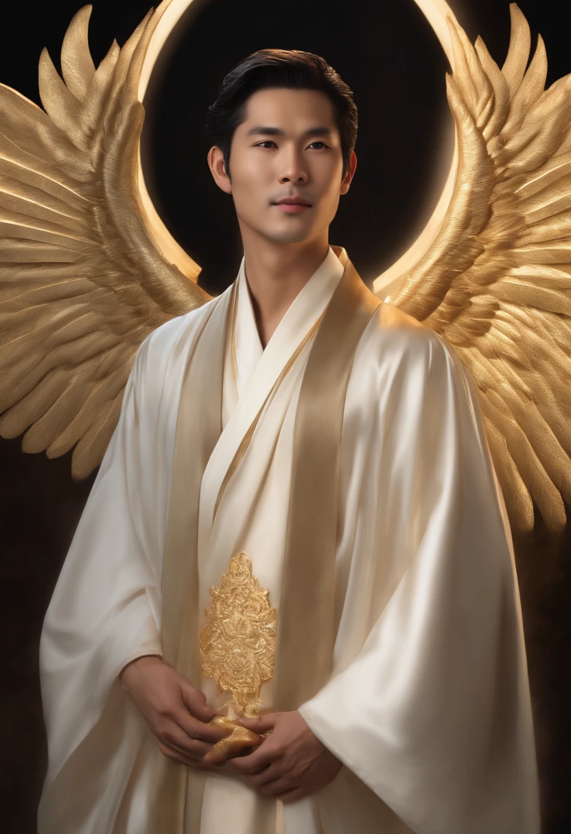 photorealistic, (hyperrealistic:1.2), handsome asian man, masterpiece, best quality, extremely detailed face, perfect lighting, A divine and radiant man in celestial splendor, (spiritual asian robes), (heavenly presence:1.2), (serene expression), (majestic wings), (ethereal glow:1.1), (peaceful and comforting), (transcendent beauty), (divine grace), (symbol of purity), (golden halo), (uplifting atmosphere), (celestial realm), (spiritual enlightenment), (gentle and protective), (illuminating light:1.2), (seraphic figure), (harmony and serenity), (angelic robes), (timeless and celestial), (captivating aura), (healing and guidance) asian man, facial stubble, smile, looking at camera
