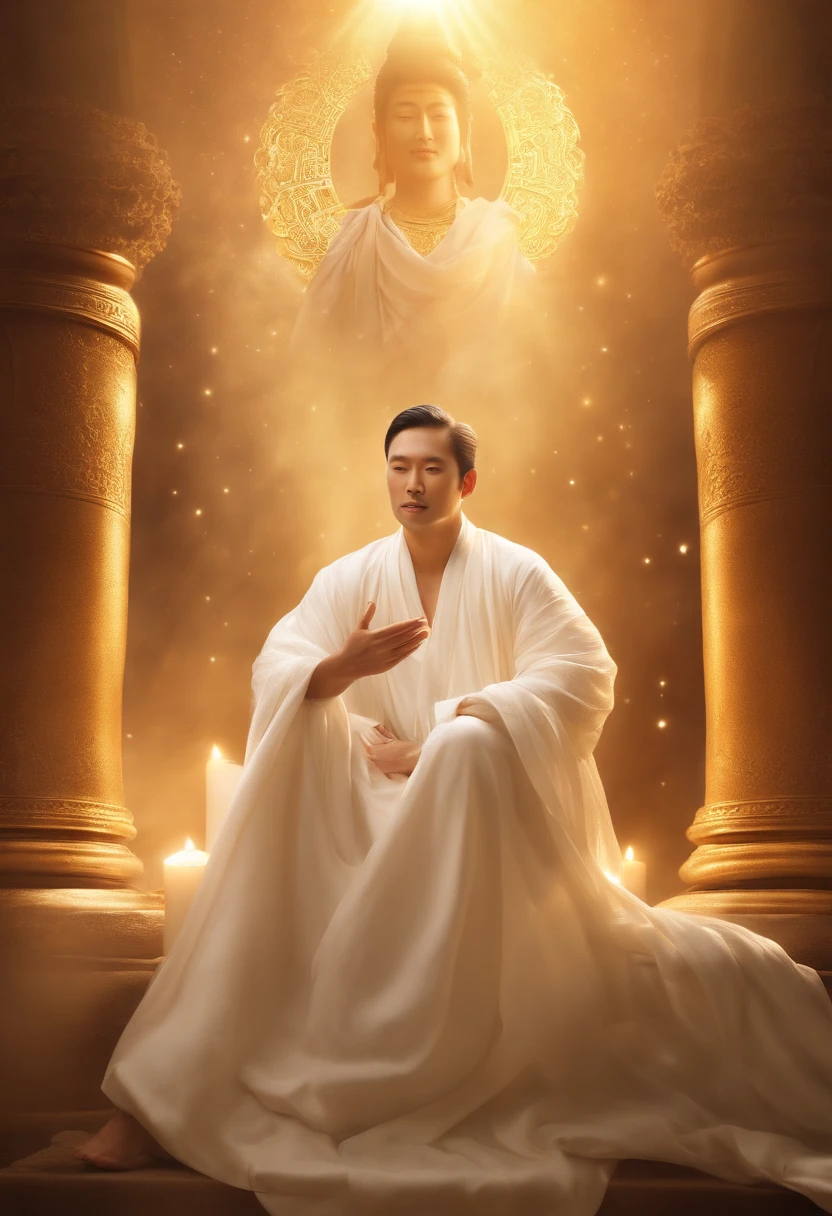 photorealistic, (hyperrealistic:1.2), handsome asian man, masterpiece, best quality, extremely detailed face, perfect lighting, A divine and radiant man in celestial splendor, (spiritual asian robes), (heavenly presence:1.2), (serene expression), (majestic wings), (ethereal glow:1.1), (peaceful and comforting), (transcendent beauty), (divine grace), (symbol of purity), (golden halo), (uplifting atmosphere), (celestial realm), (spiritual enlightenment), (gentle and protective), (illuminating light:1.2), (seraphic figure), (harmony and serenity), (angelic robes), (timeless and celestial), (captivating aura), (healing and guidance) asian man, facial stubble, smile, looking at camera